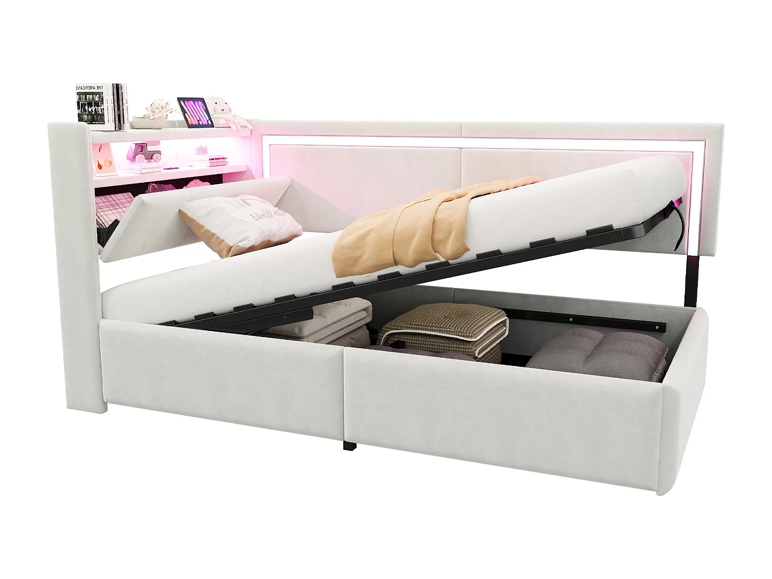 Sofá cama acolchado 90x200cm - con iluminación LED - con puertos USB - tejido de terciopelo - beige​ (colchón no incluido)