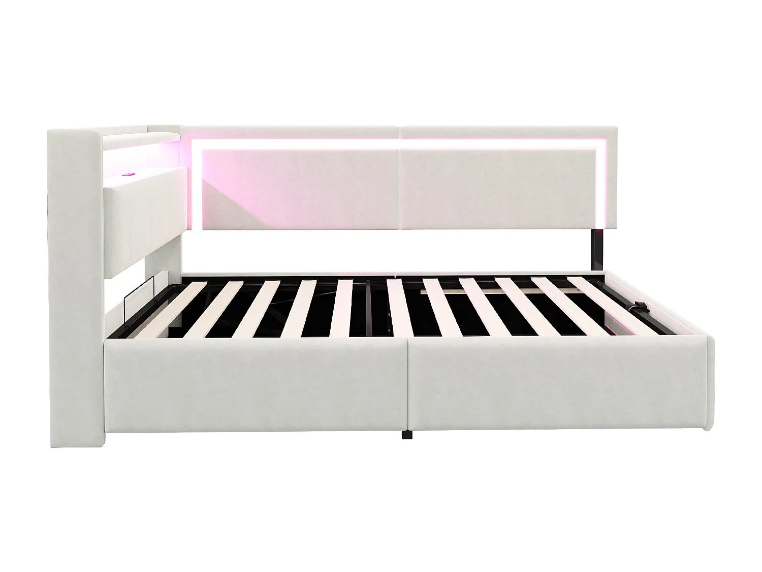 Sofá cama acolchado 90x200cm - con iluminación LED - con puertos USB - tejido de terciopelo - beige​ (colchón no incluido)