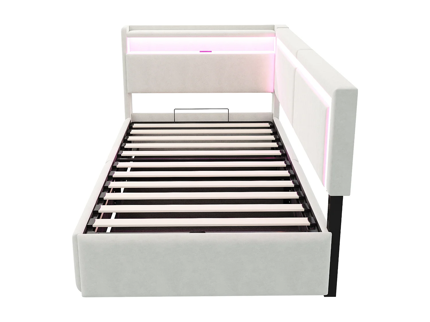 Sofá cama acolchado 90x200cm - con iluminación LED - con puertos USB - tejido de terciopelo - beige​ (colchón no incluido)