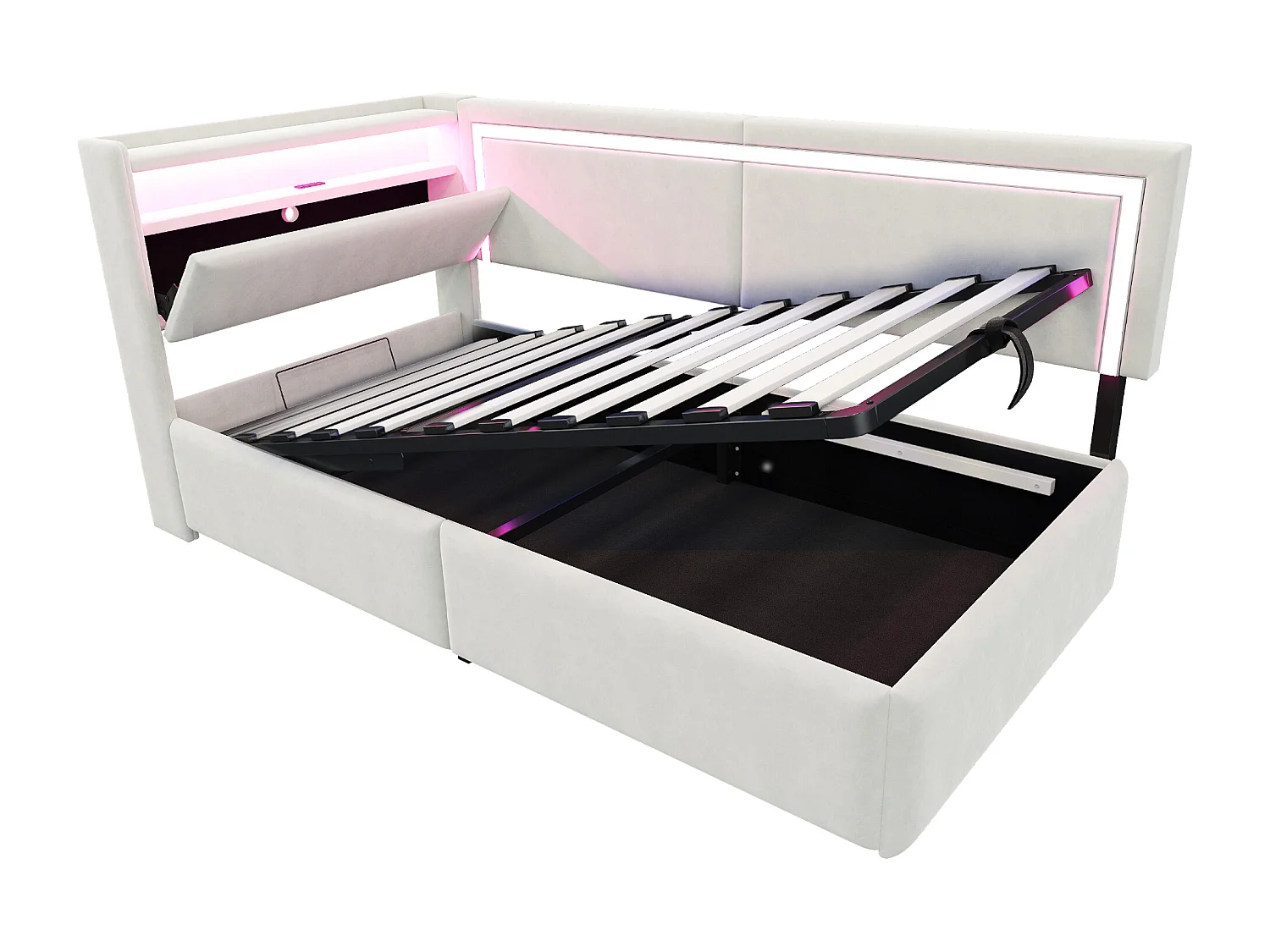 Sofá cama acolchado 90x200cm - con iluminación LED - con puertos USB - tejido de terciopelo - beige​ (colchón no incluido)