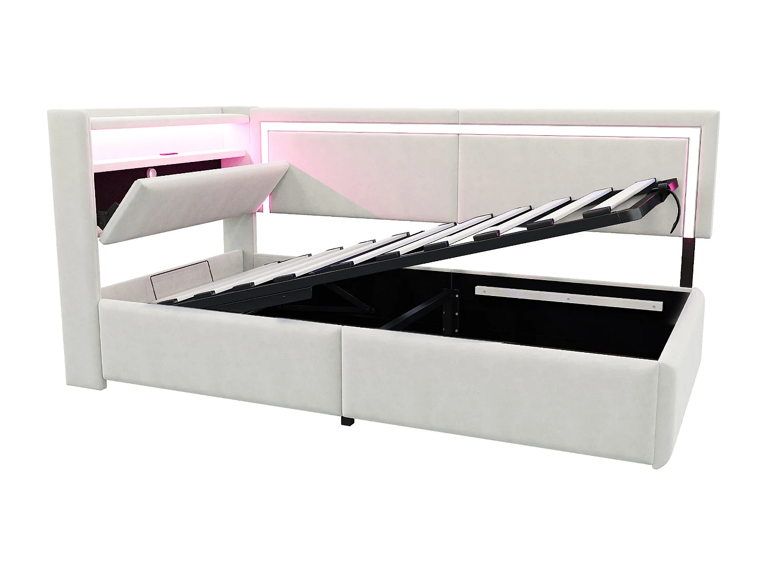 Sofá cama acolchado 90x200cm - con iluminación LED - con puertos USB - tejido de terciopelo - beige​ (colchón no incluido)