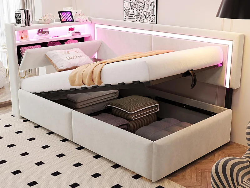 Sofá cama acolchado 90x200cm - con iluminación LED - con puertos USB - tejido de terciopelo - beige​ (colchón no incluido)