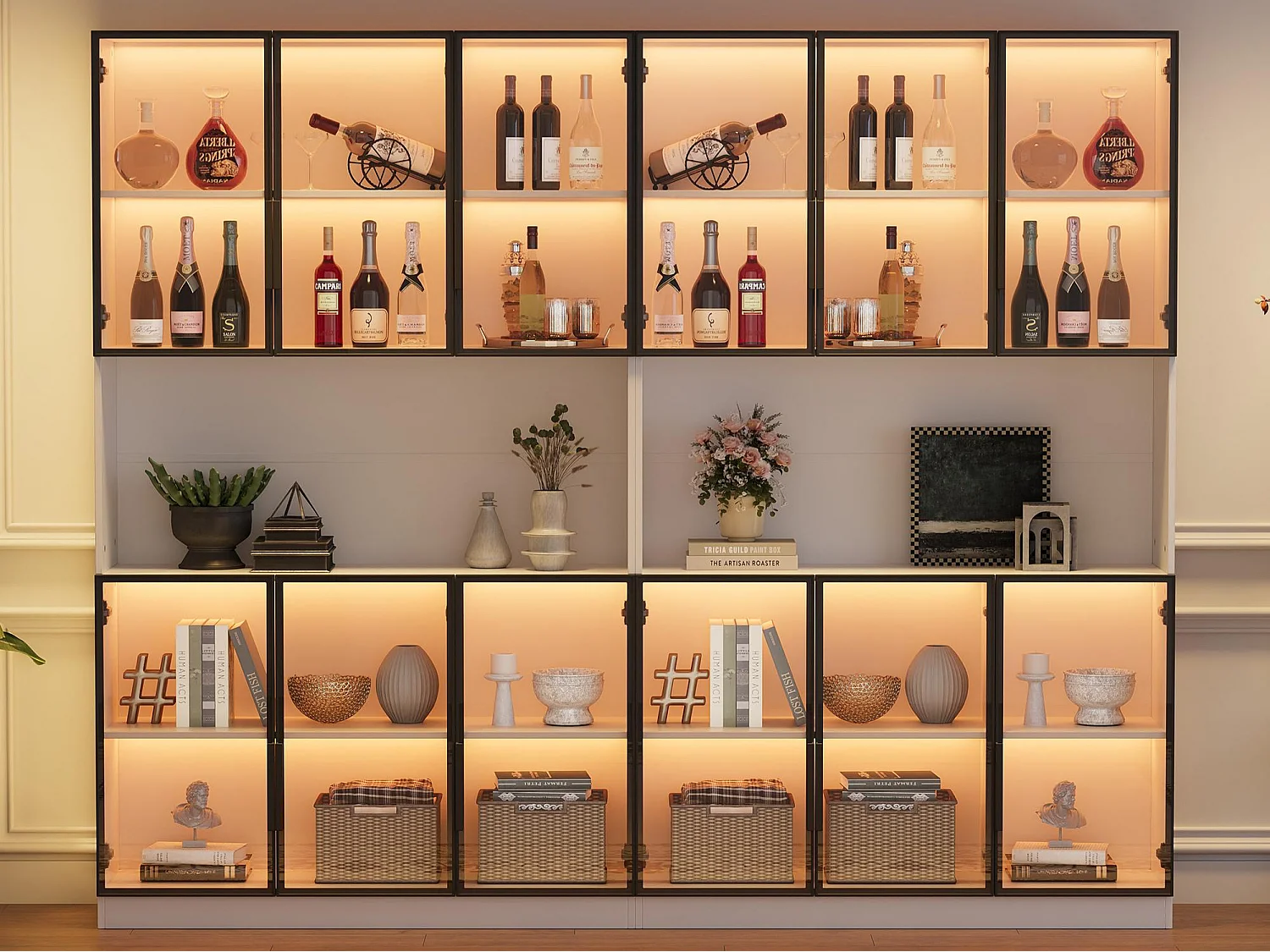 Vitrine moderne 240x34x200 cm - Éclairage LED - 12 portes vitrées - Espace de rangement ouvert - MDF - Blanc