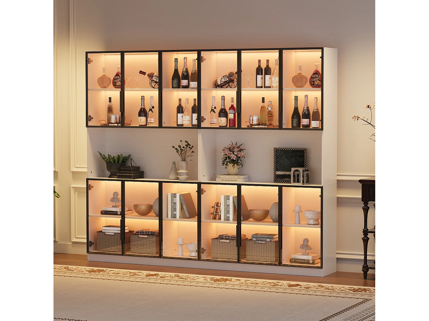 Vitrine moderne 240x34x200 cm - Éclairage LED - 12 portes vitrées - Espace de rangement ouvert - MDF - Blanc