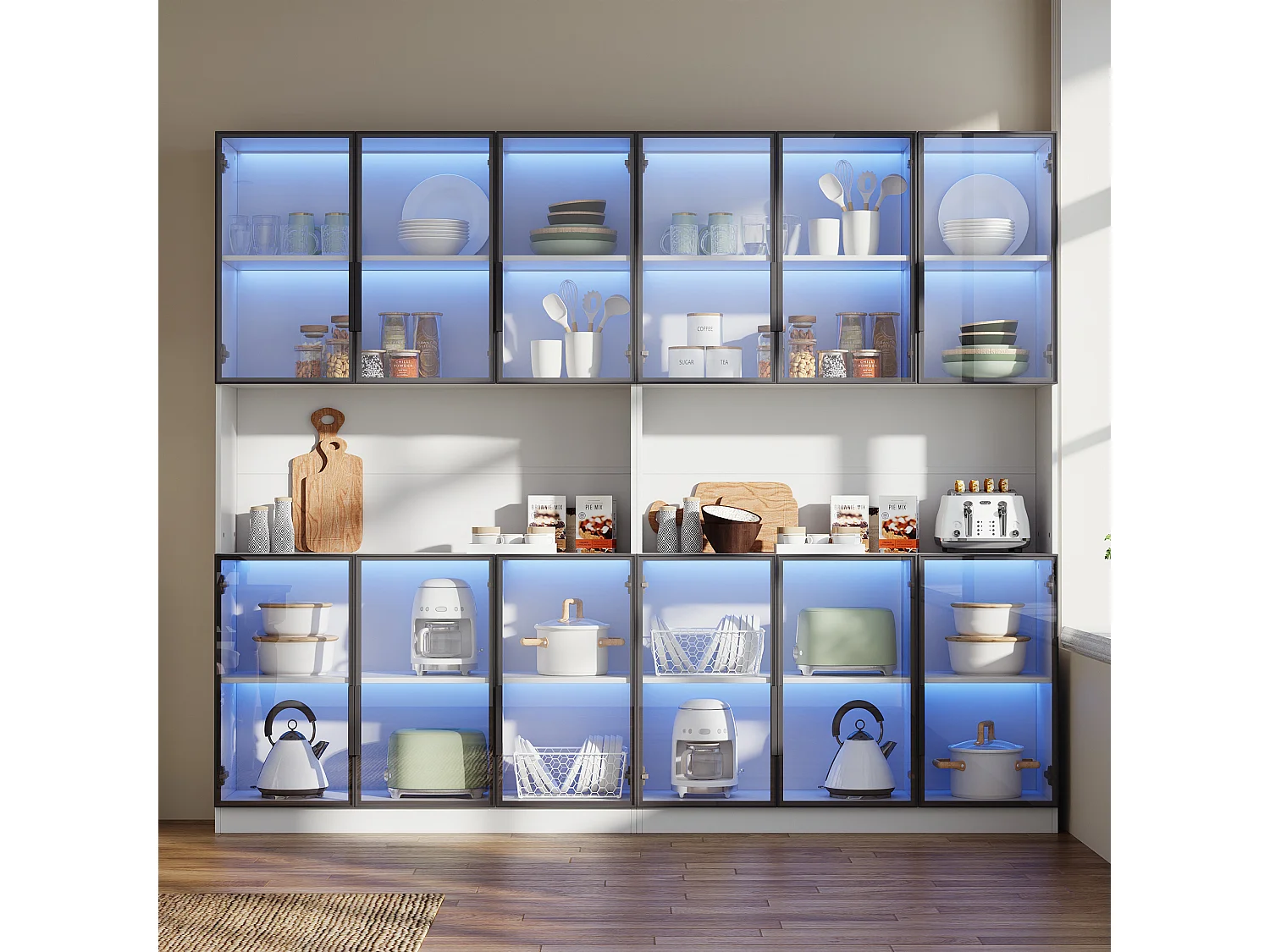 Vitrine moderne 240x34x200 cm - Éclairage LED - 12 portes vitrées - Espace de rangement ouvert - MDF - Blanc