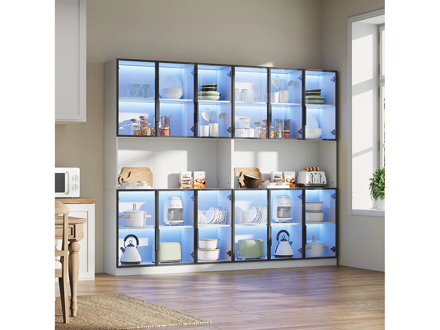 Vitrine moderne 240x34x200 cm - Éclairage LED - 12 portes vitrées - Espace de rangement ouvert - MDF - Blanc