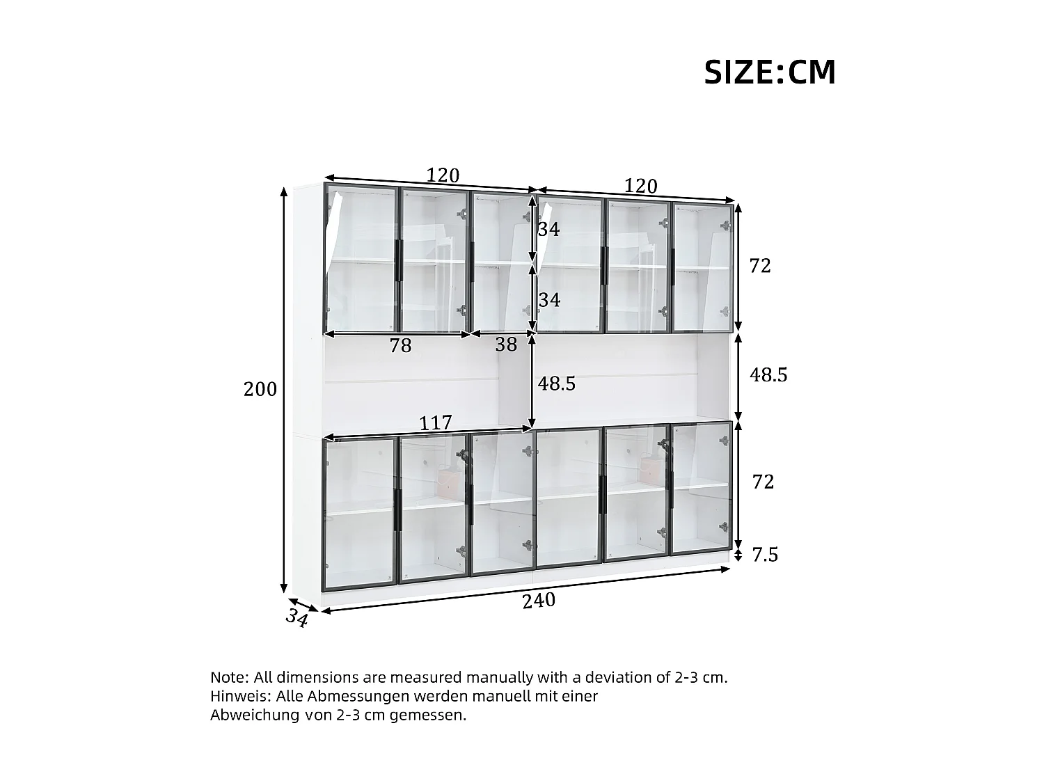 Vitrine moderne 240x34x200 cm - Éclairage LED - 12 portes vitrées - Espace de rangement ouvert - MDF - Blanc