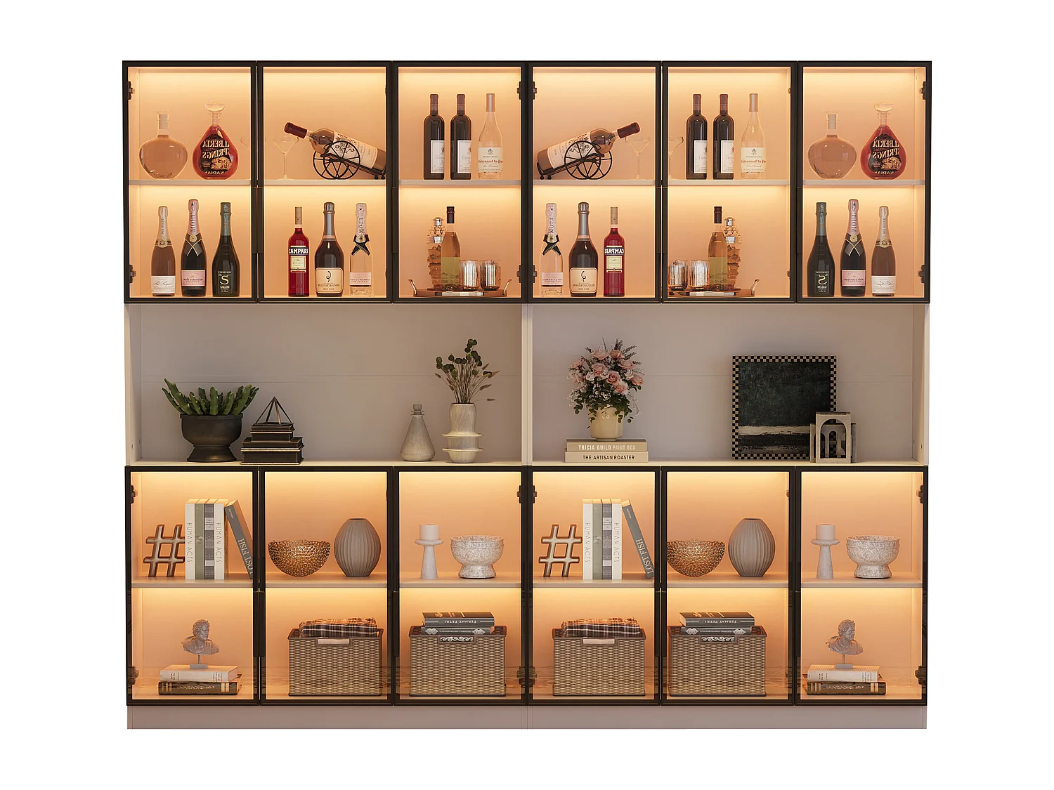 Vitrine moderne 240x34x200 cm - Éclairage LED - 12 portes vitrées - Espace de rangement ouvert - MDF - Blanc