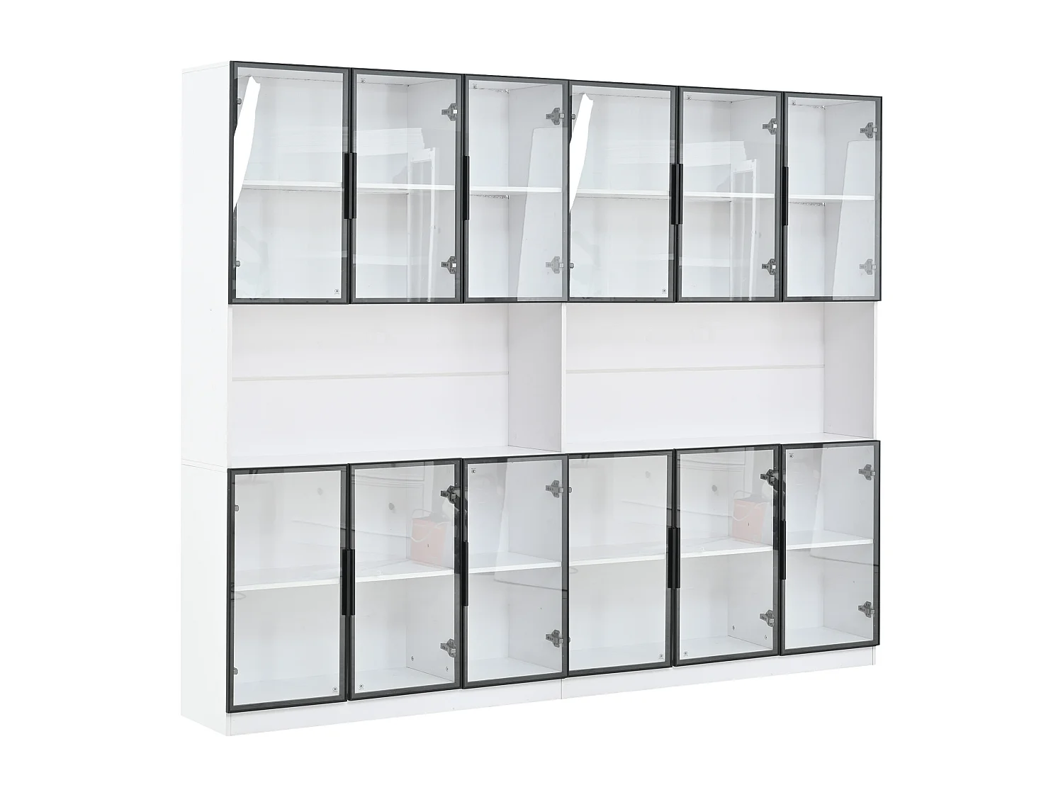 Vitrine moderne 240x34x200 cm - Éclairage LED - 12 portes vitrées - Espace de rangement ouvert - MDF - Blanc