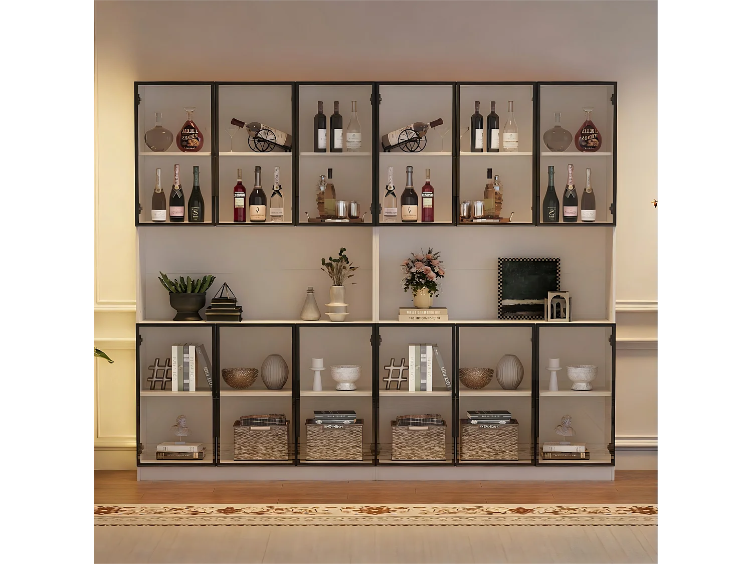 Vitrine moderne 240x34x200 cm - Éclairage LED - 12 portes vitrées - Espace de rangement ouvert - MDF - Blanc