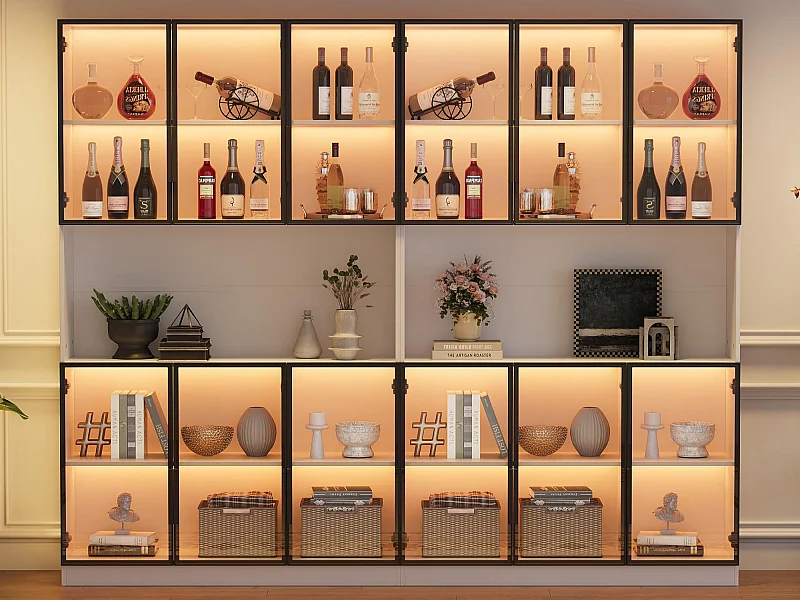 Vitrine moderne 240x34x200 cm - Éclairage LED - 12 portes vitrées - Espace de rangement ouvert - MDF - Blanc