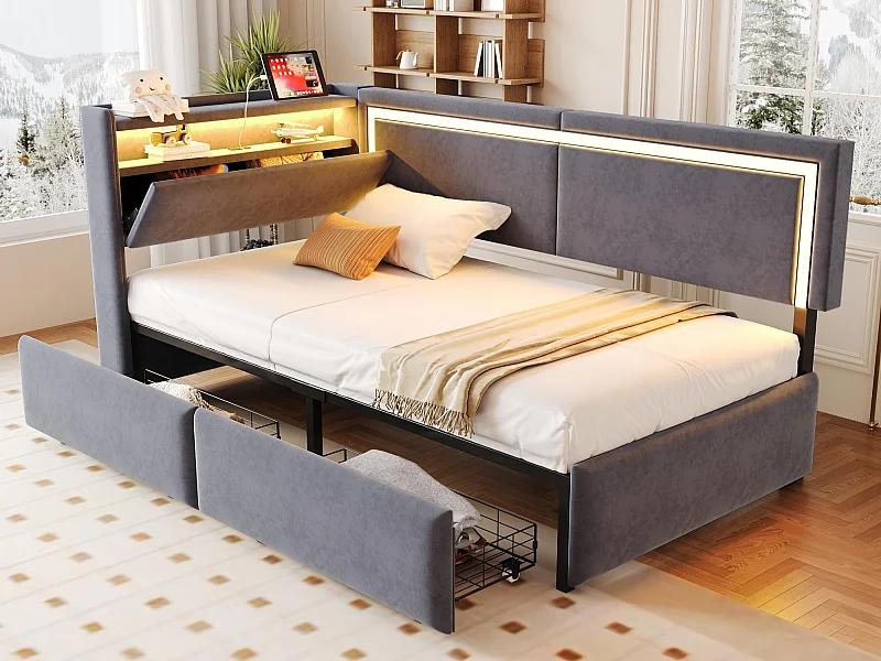 Canapé-lit rembourré 90x200 cm - avec éclairage LED et port de chargement USB - 2 tiroirs - revêtement en velours - gris foncé