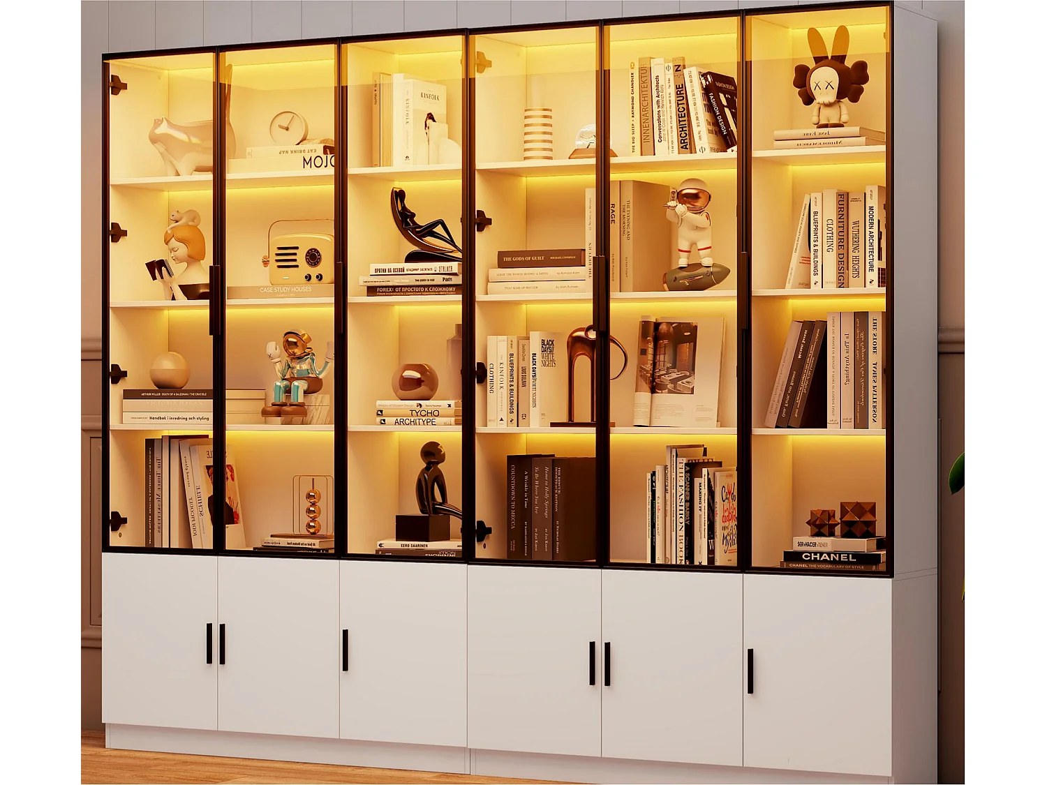 Vitrine moderne 240x32x200 cm - Éclairage LED - 12 portes - MDF - Blanc