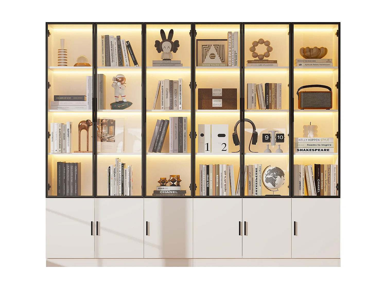 Vitrine moderne 240x32x200 cm - Éclairage LED - 12 portes - MDF - Blanc