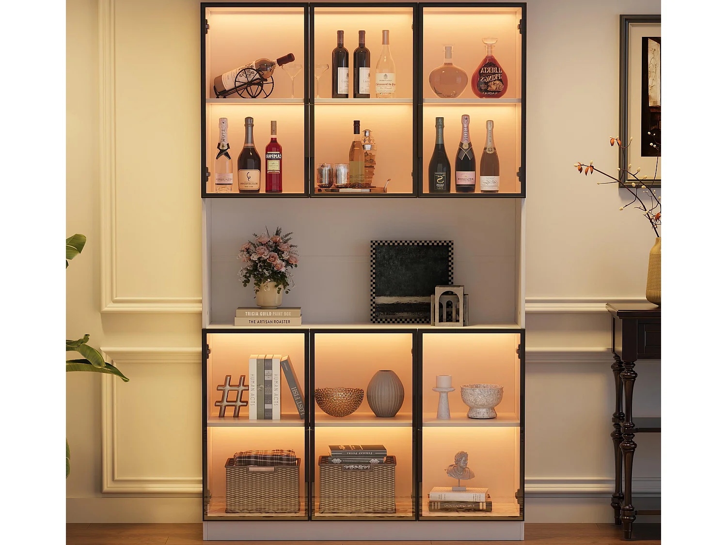 Vitrine moderne 120x34x200 cm - Éclairage LED - 6 portes vitrées - Espace de rangement ouvert - MDF - Blanc