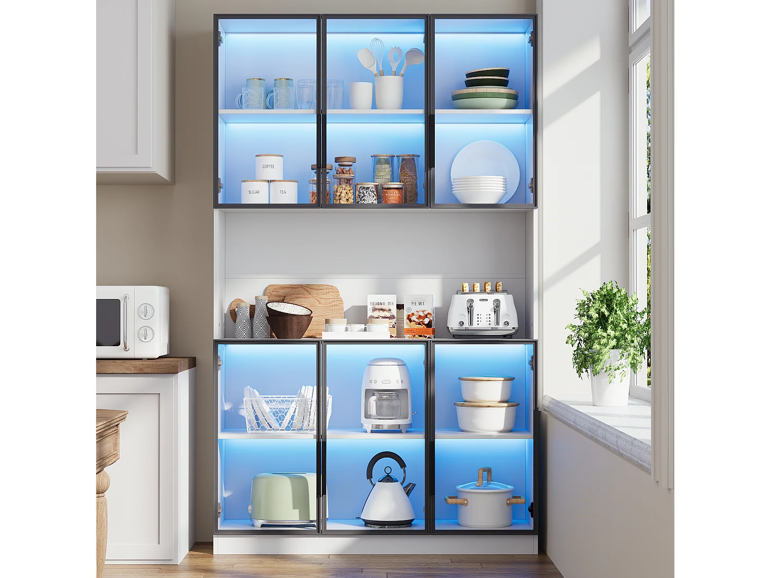 Vitrine moderne 120x34x200 cm - Éclairage LED - 6 portes vitrées - Espace de rangement ouvert - MDF - Blanc