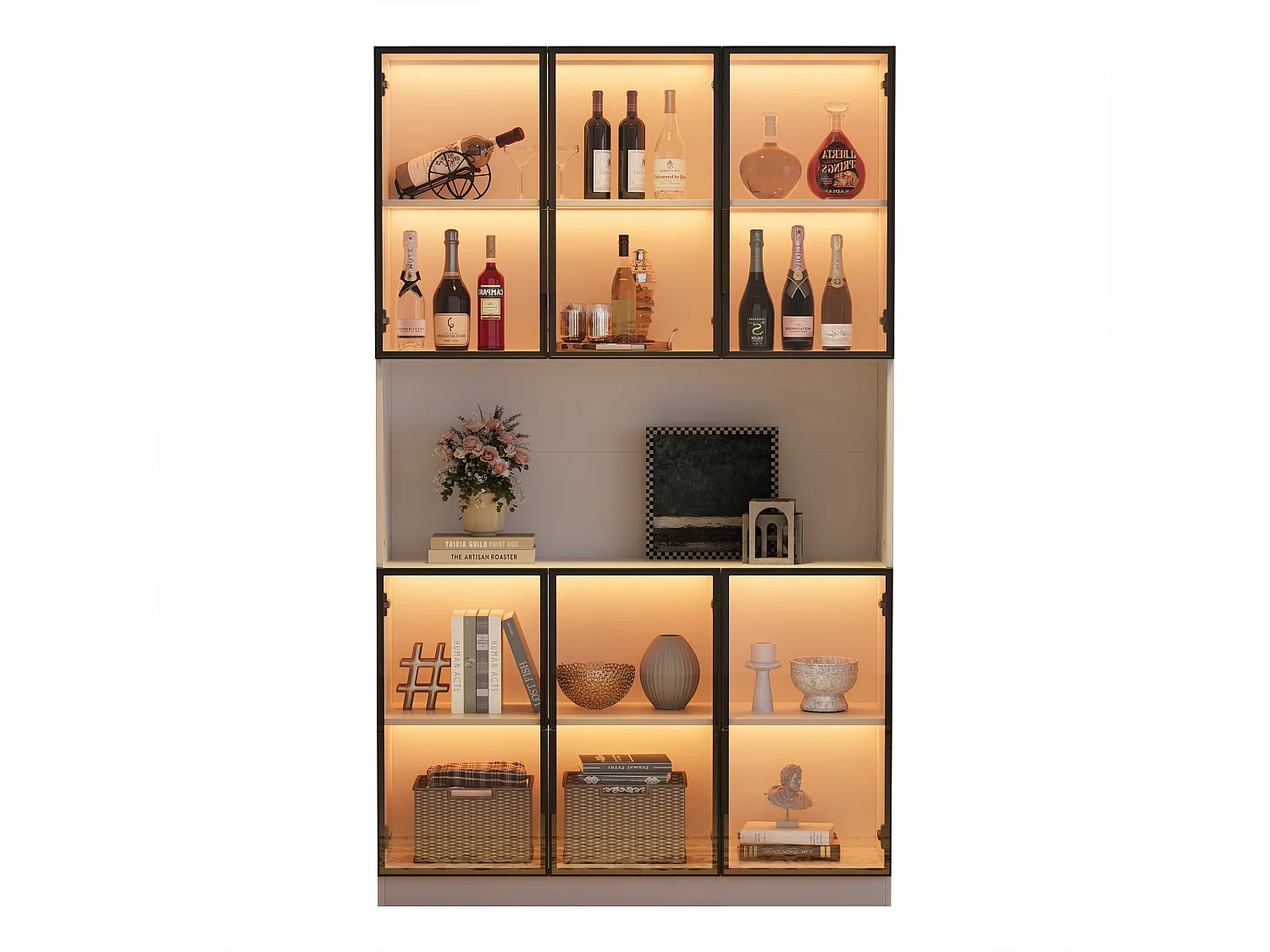 Vitrine moderne 120x34x200 cm - Éclairage LED - 6 portes vitrées - Espace de rangement ouvert - MDF - Blanc