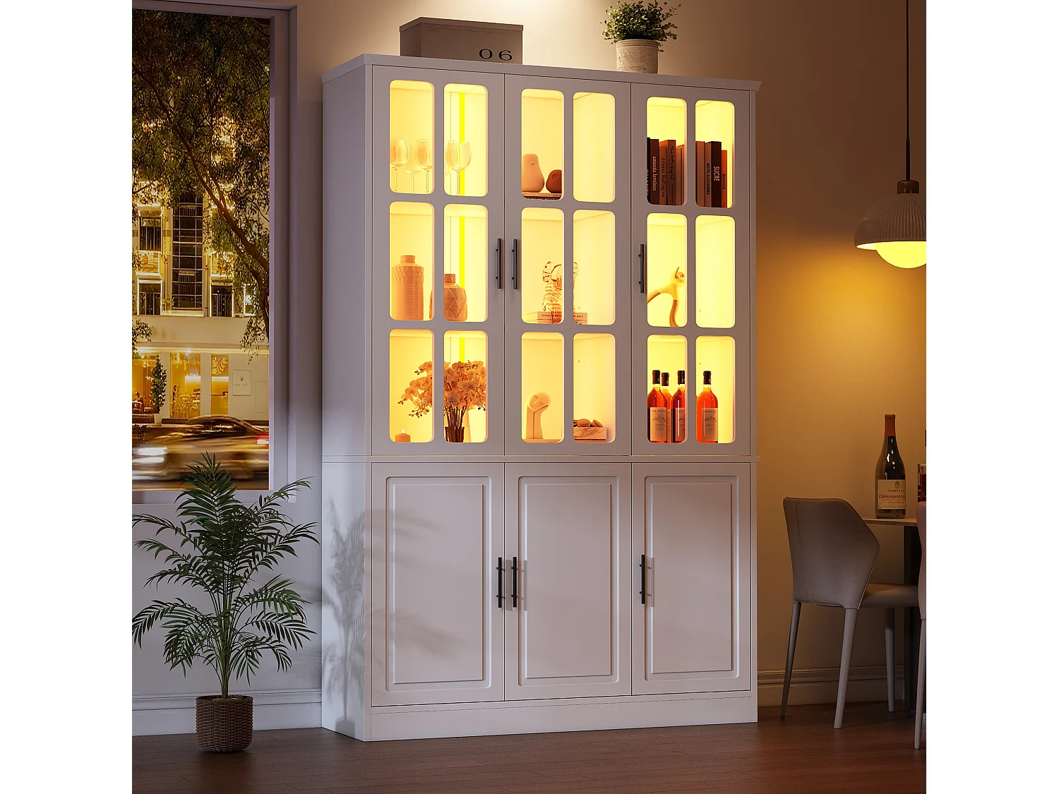 Vitrine 121,5x41x200 cm - mit LED-Beleuchtung - 6 Türen - höhenverstellbare Regale - MDF - weiß