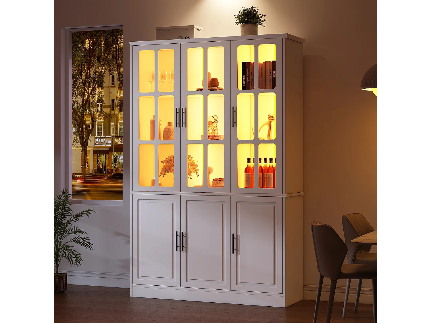 Vitrine 121,5x41x200 cm - mit LED-Beleuchtung - 6 Türen - höhenverstellbare Regale - MDF - weiß