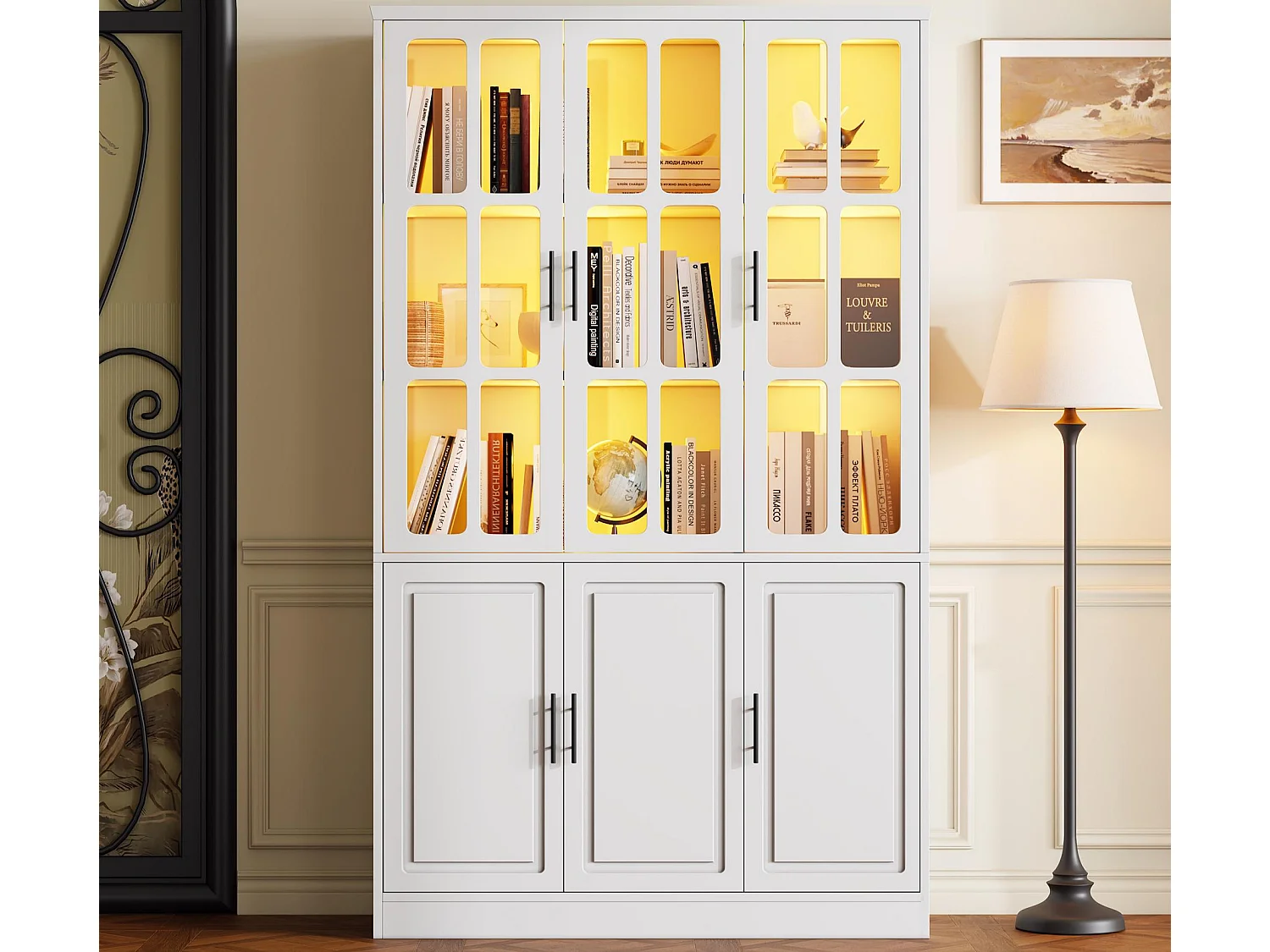 Vitrine 121,5x41x200 cm - mit LED-Beleuchtung - 6 Türen - höhenverstellbare Regale - MDF - weiß