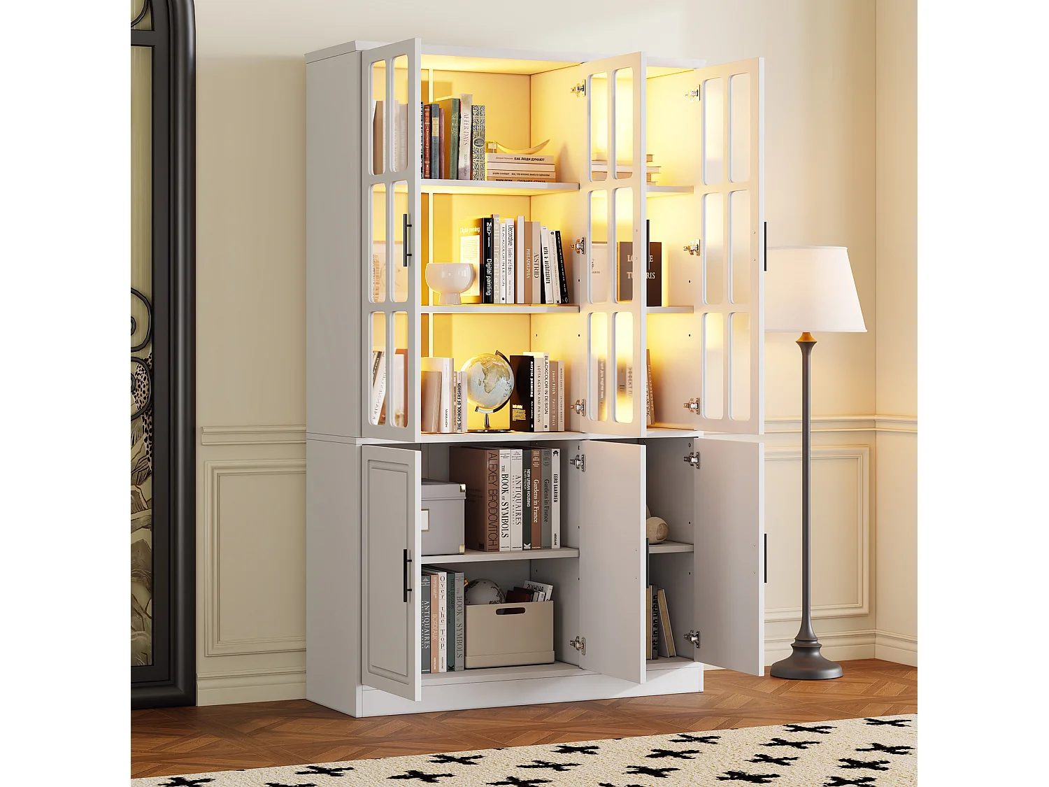 Vitrine 121,5x41x200 cm - mit LED-Beleuchtung - 6 Türen - höhenverstellbare Regale - MDF - weiß