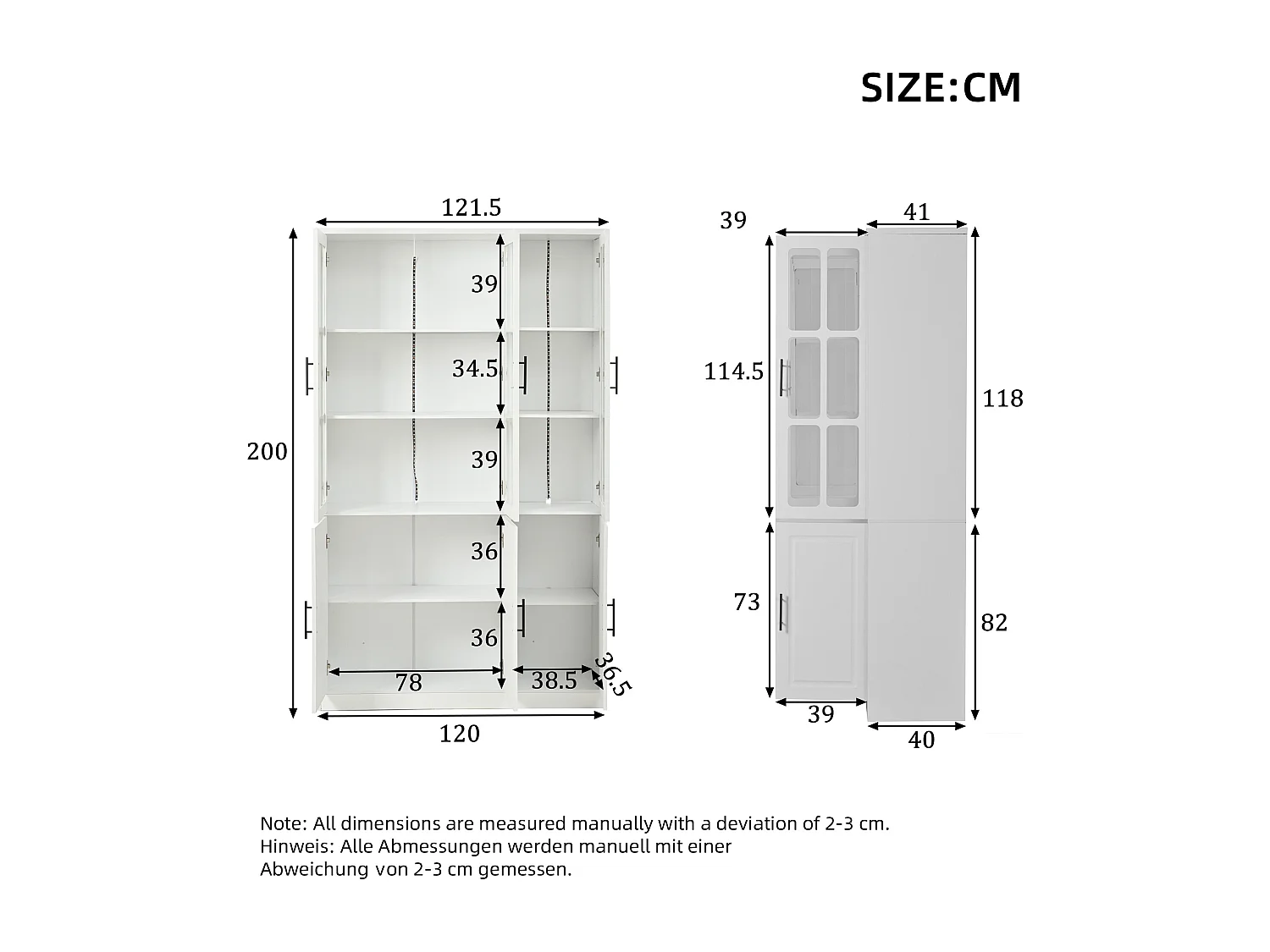 Vitrine 121,5x41x200 cm - mit LED-Beleuchtung - 6 Türen - höhenverstellbare Regale - MDF - weiß