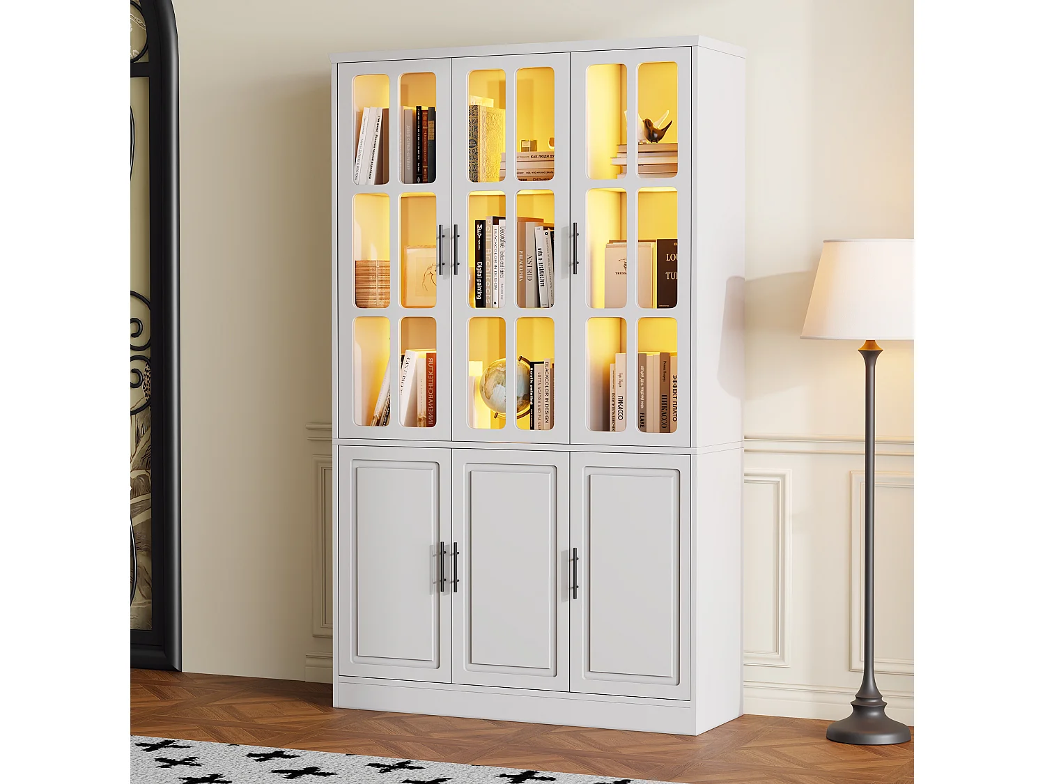 Vitrine 121,5x41x200 cm - mit LED-Beleuchtung - 6 Türen - höhenverstellbare Regale - MDF - weiß