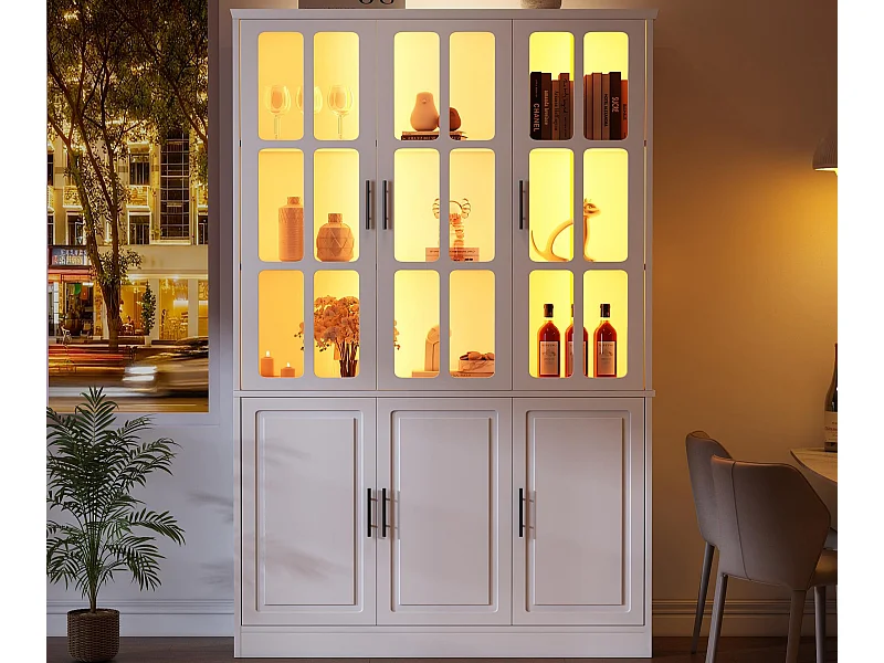 Vitrine 121,5x41x200 cm - mit LED-Beleuchtung - 6 Türen - höhenverstellbare Regale - MDF - weiß