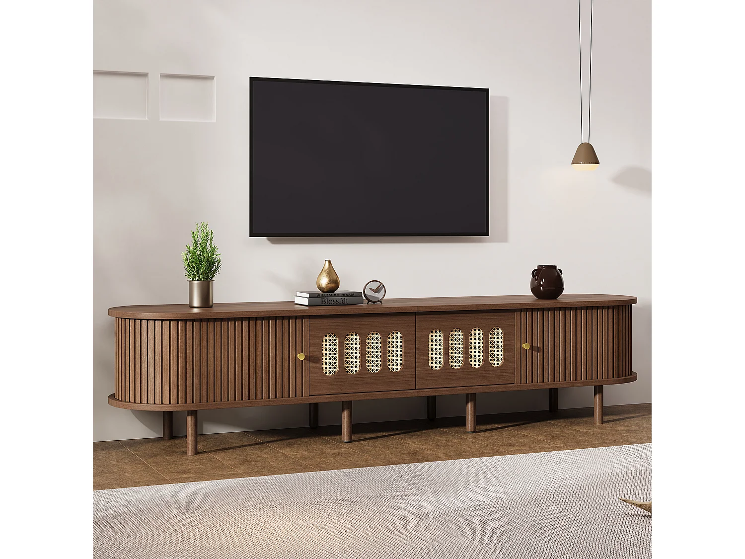 Meble TV 180x40x40 cm - Design z rattanu - 2 szuflady i 2 drzwi przesuwne - MDF - Brązowy