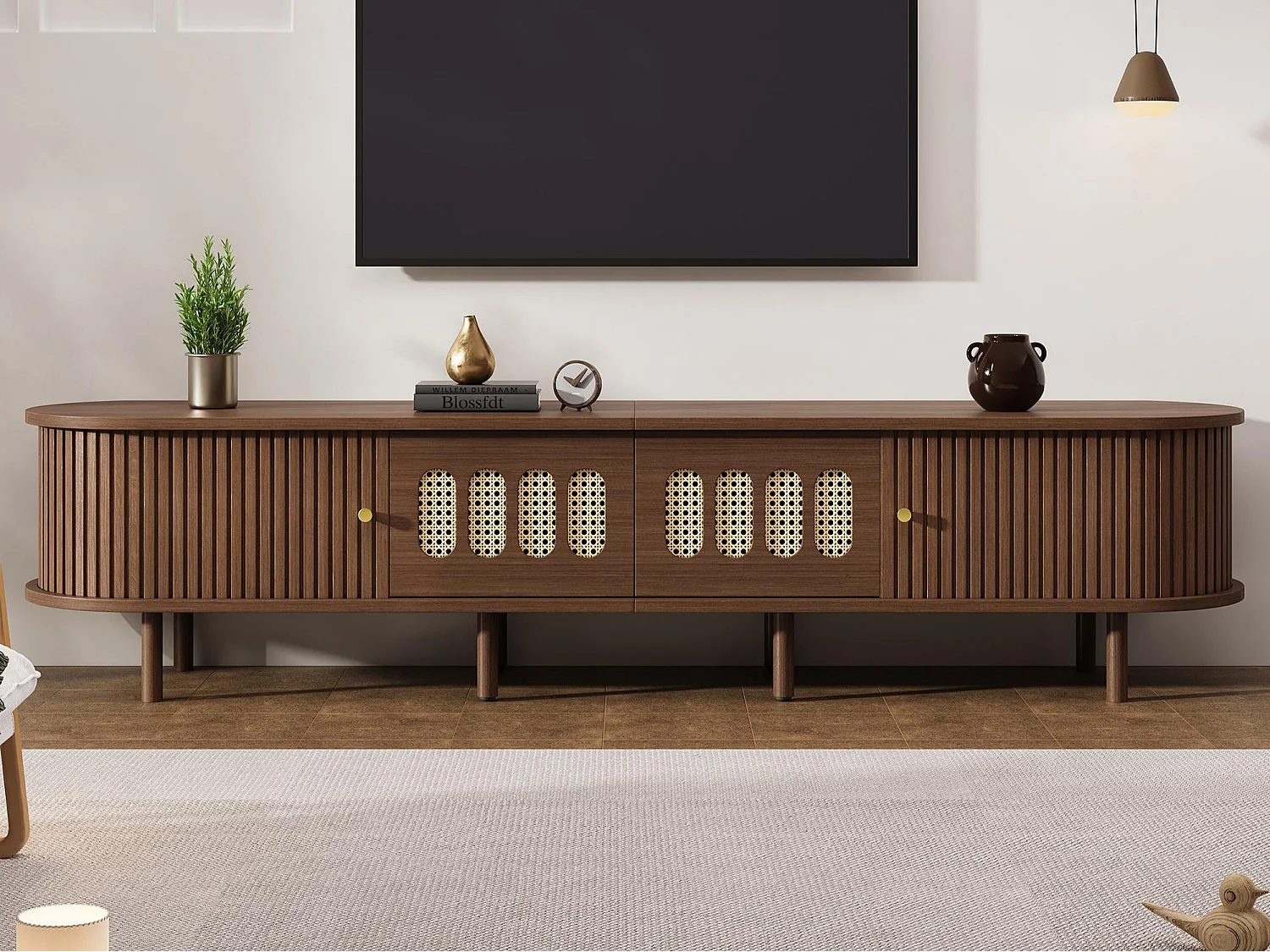 Meble TV 180x40x40 cm - Design z rattanu - 2 szuflady i 2 drzwi przesuwne - MDF - Brązowy