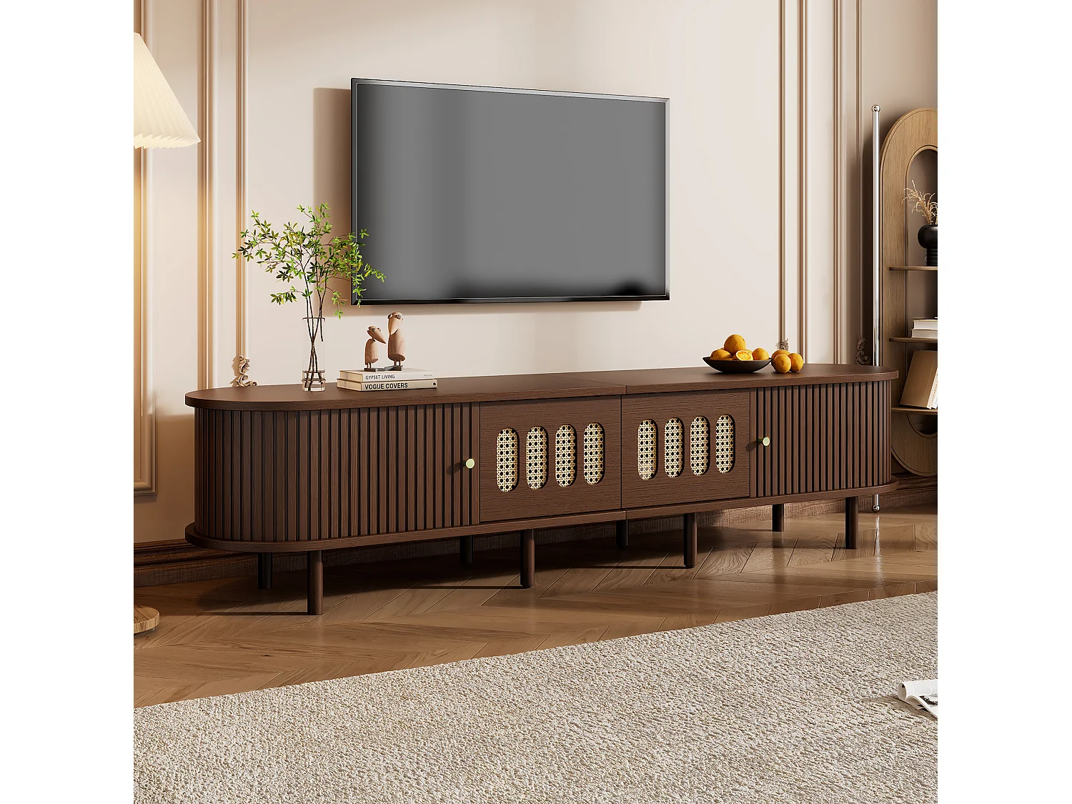 Meble TV 180x40x40 cm - Design z rattanu - 2 szuflady i 2 drzwi przesuwne - MDF - Brązowy