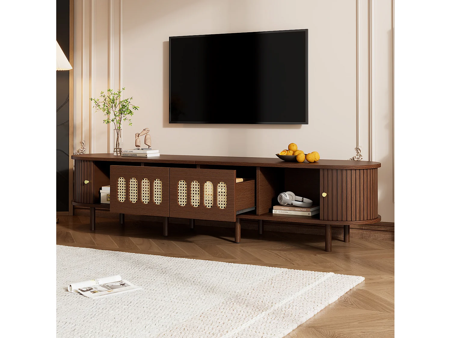 Meble TV 180x40x40 cm - Design z rattanu - 2 szuflady i 2 drzwi przesuwne - MDF - Brązowy