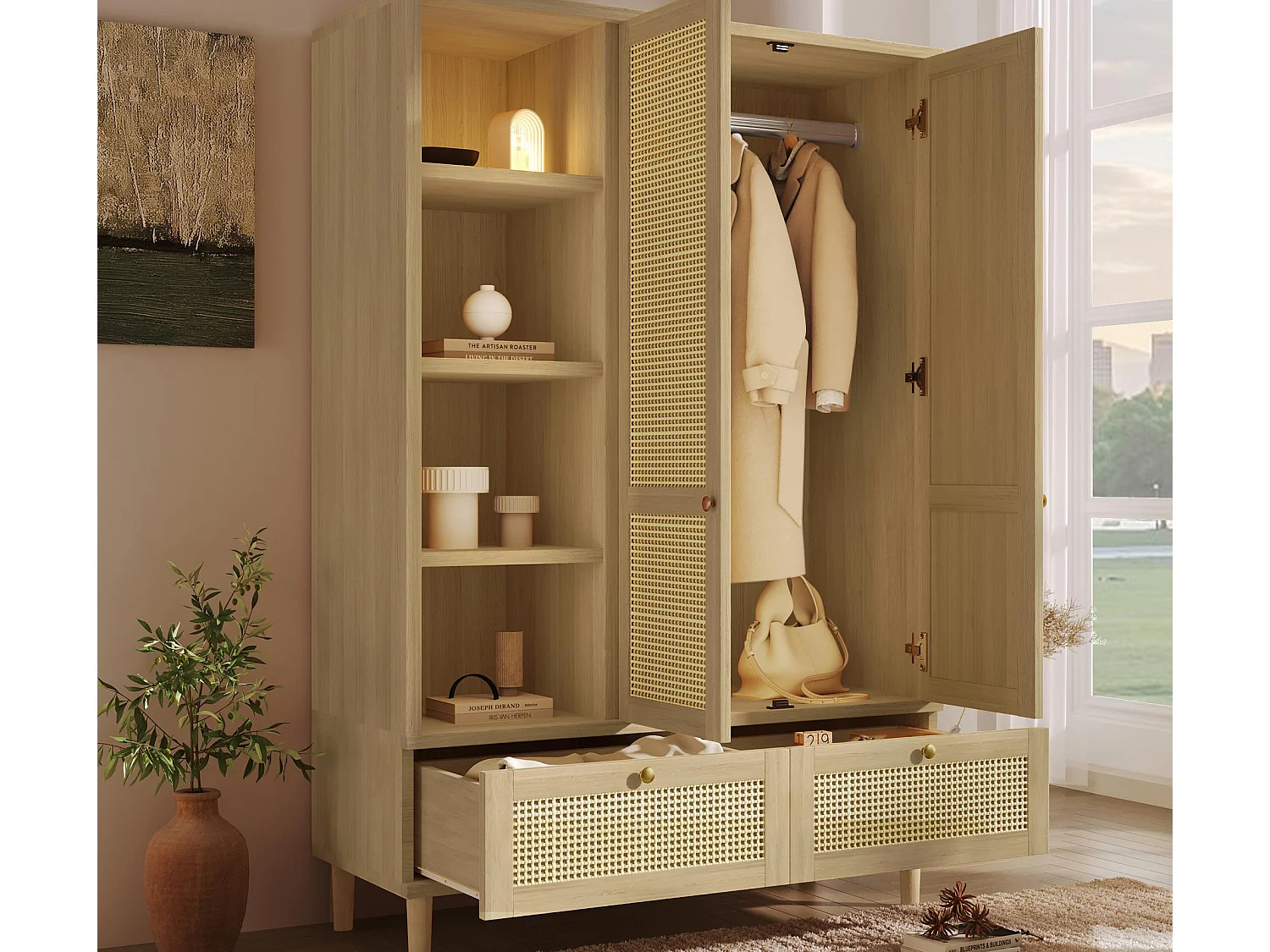 Schrank 120x50x180cm - Offene Regale und Kleiderstangen - mit 2 Türen und 2 Rattan-Schubladen - Außen aus Eiche - Landhausstil - Natur