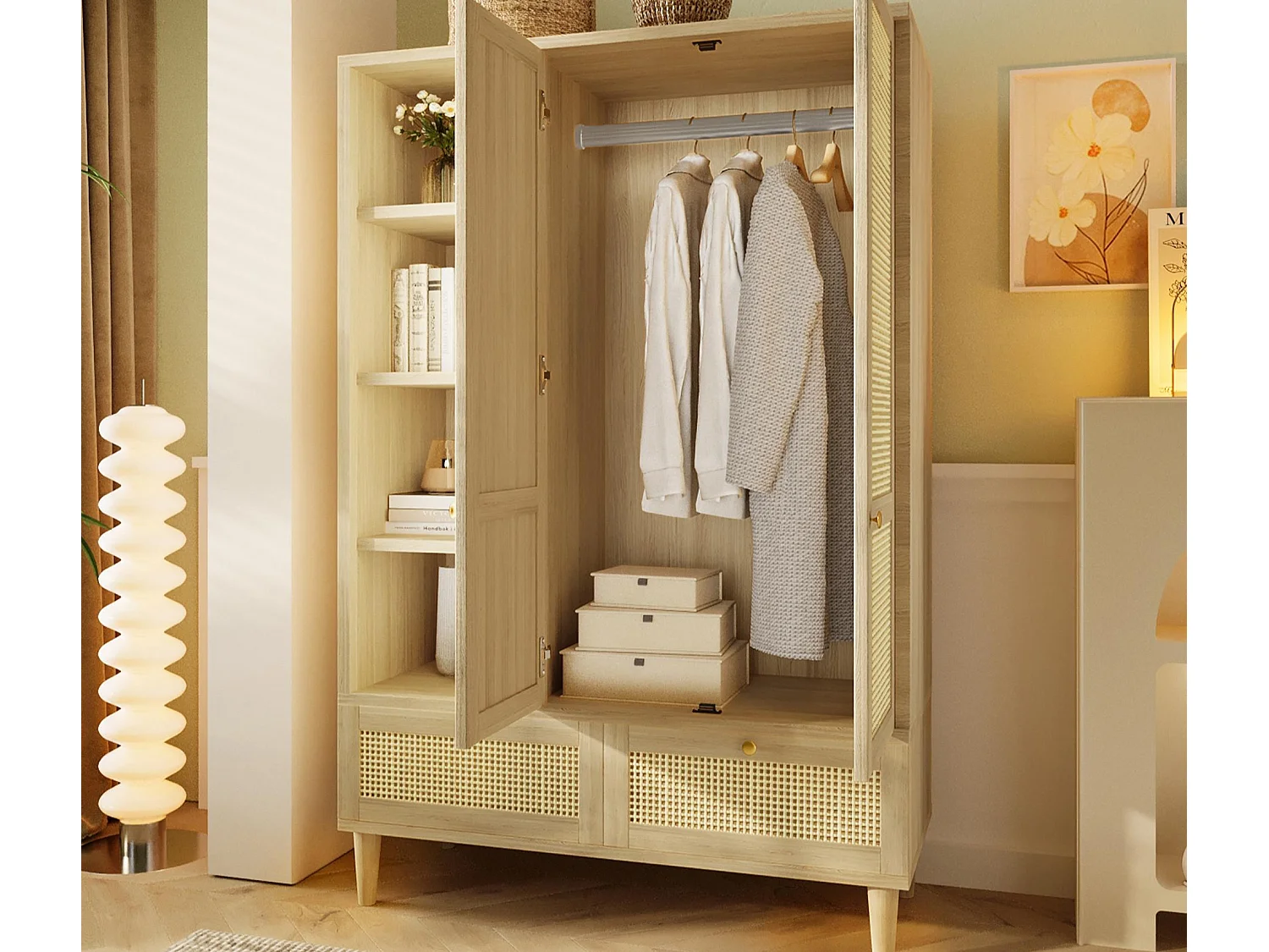Schrank 120x50x180cm - Offene Regale und Kleiderstangen - mit 2 Türen und 2 Rattan-Schubladen - Außen aus Eiche - Landhausstil - Natur