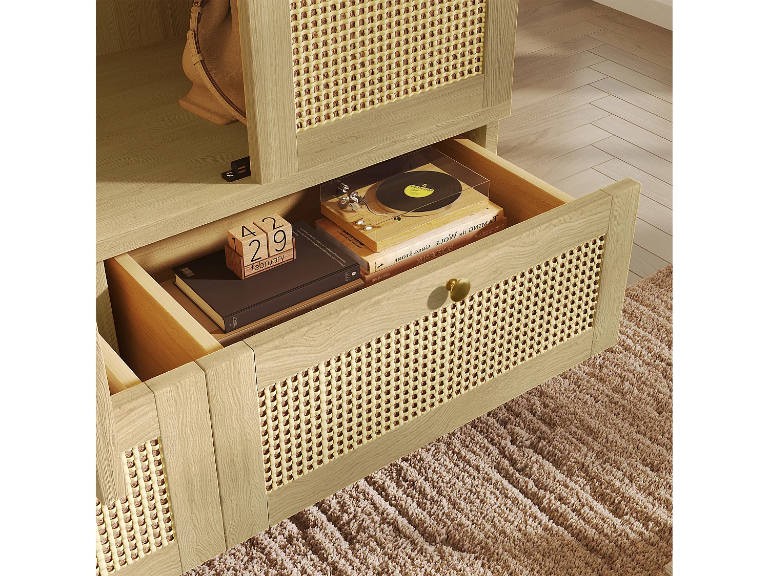 Schrank 120x50x180cm - Offene Regale und Kleiderstangen - mit 2 Türen und 2 Rattan-Schubladen - Außen aus Eiche - Landhausstil - Natur