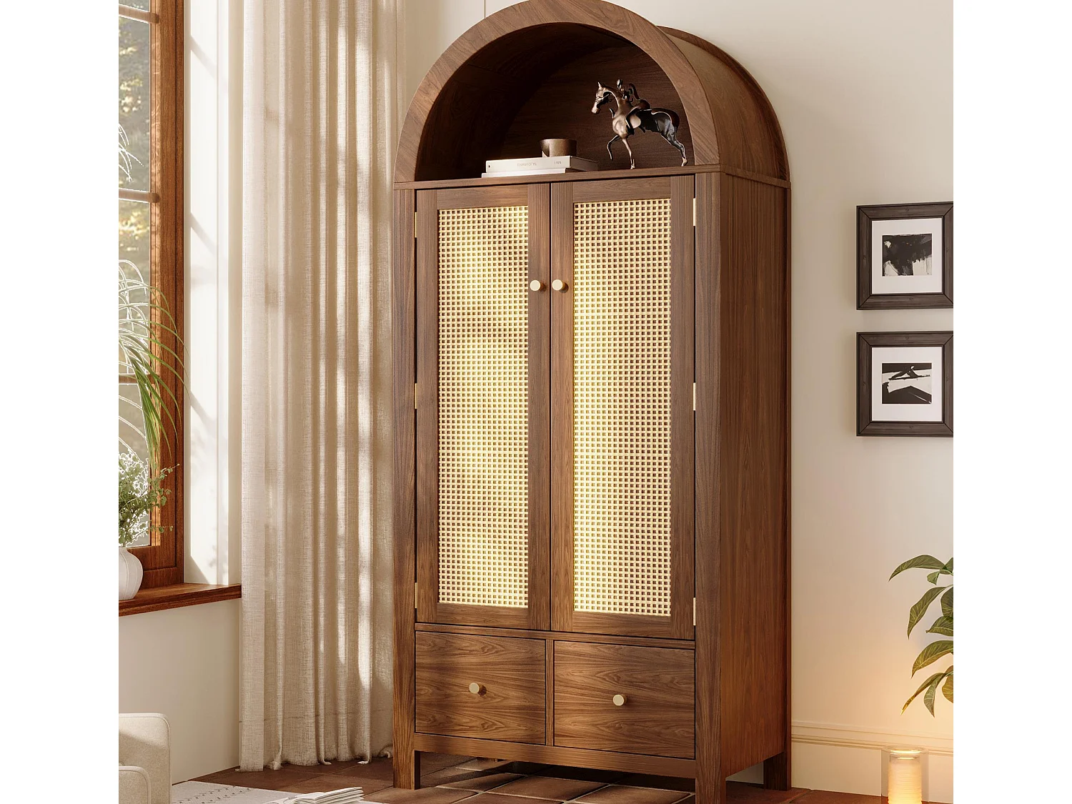 Schrank 78x45x181cm - Offene Regale und Kleiderstangen - mit 2 Rattantüren und 2 Schubladen - Landhausstil - Nussbaumholzfarbe