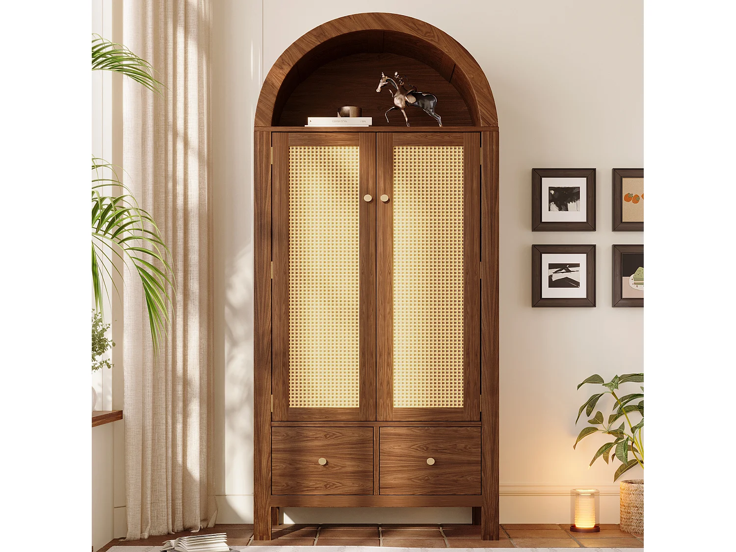 Schrank 78x45x181cm - Offene Regale und Kleiderstangen - mit 2 Rattantüren und 2 Schubladen - Landhausstil - Nussbaumholzfarbe