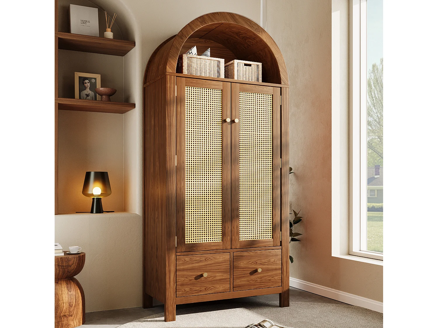 Schrank 78x45x181cm - Offene Regale und Kleiderstangen - mit 2 Rattantüren und 2 Schubladen - Landhausstil - Nussbaumholzfarbe