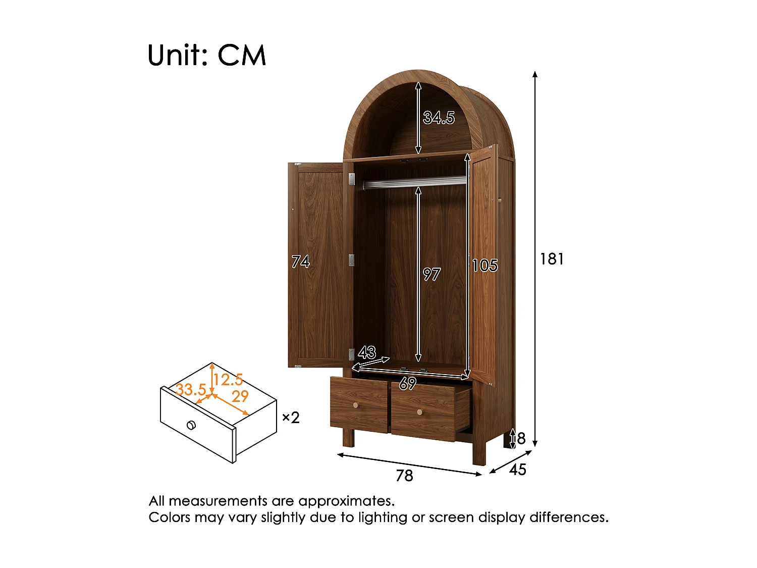 Schrank 78x45x181cm - Offene Regale und Kleiderstangen - mit 2 Rattantüren und 2 Schubladen - Landhausstil - Nussbaumholzfarbe