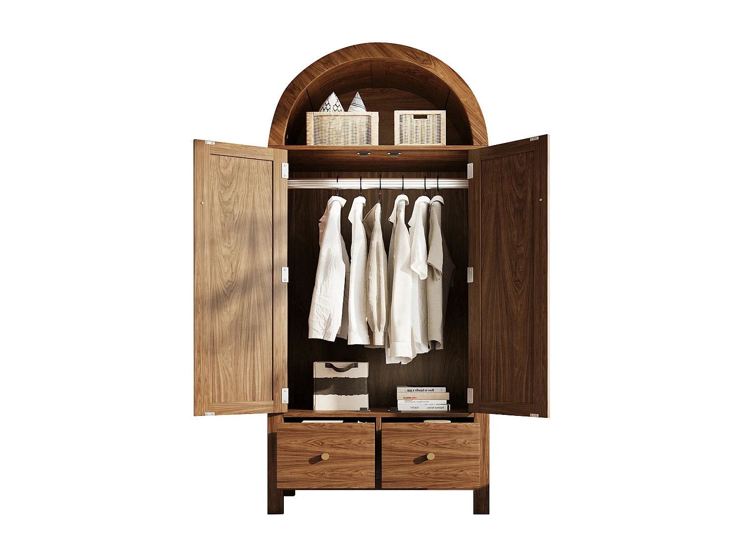 Schrank 78x45x181cm - Offene Regale und Kleiderstangen - mit 2 Rattantüren und 2 Schubladen - Landhausstil - Nussbaumholzfarbe