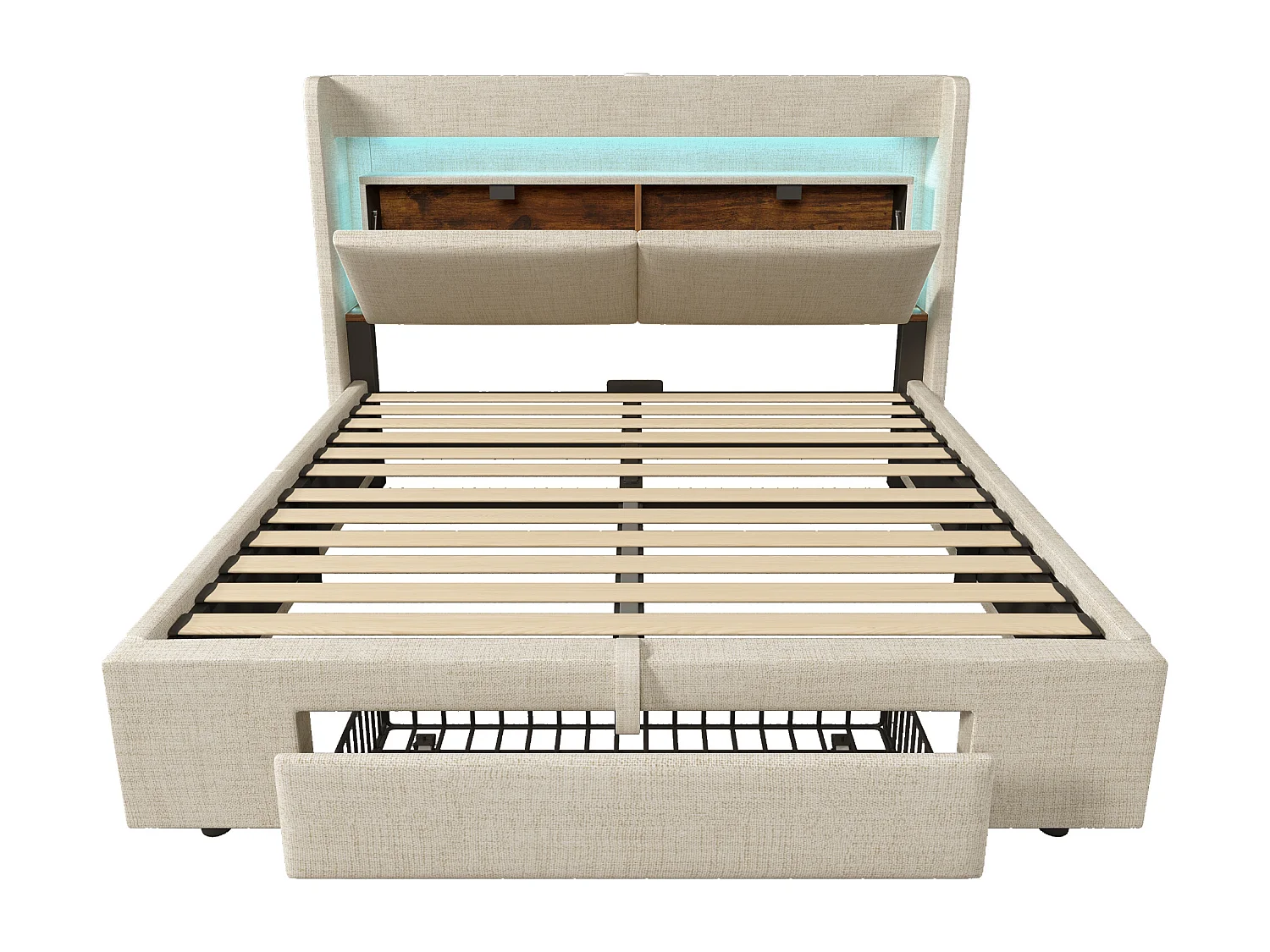 Gepolstertes Bett mit Stauraum 140x200cm - mit LED und USB-Anschluss - mit 1 Schublade - Kopfteil mit Stauraum - Leinen - Beige​ (ohne Matratze)