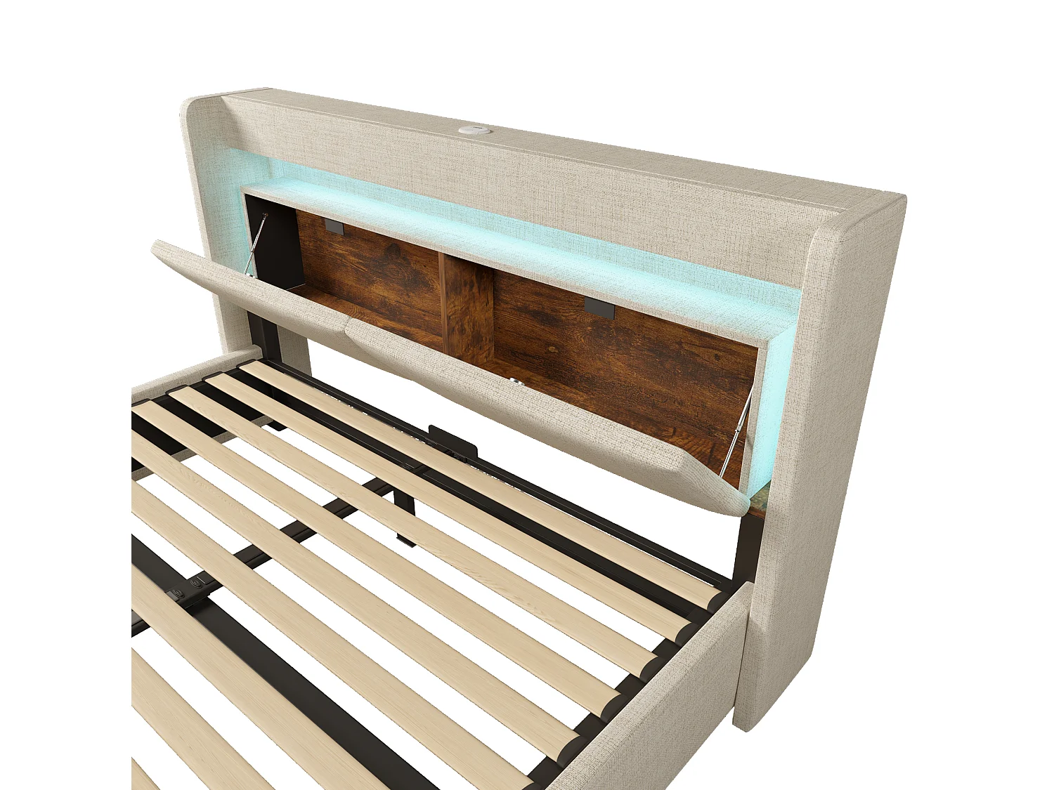 Gepolstertes Bett mit Stauraum 140x200cm - mit LED und USB-Anschluss - mit 1 Schublade - Kopfteil mit Stauraum - Leinen - Beige​ (ohne Matratze)