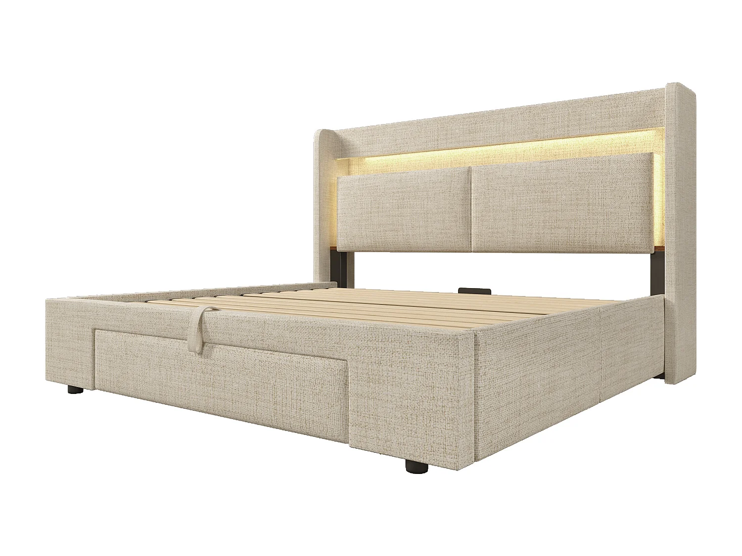 Gepolstertes Bett mit Stauraum 140x200cm - mit LED und USB-Anschluss - mit 1 Schublade - Kopfteil mit Stauraum - Leinen - Beige​ (ohne Matratze)