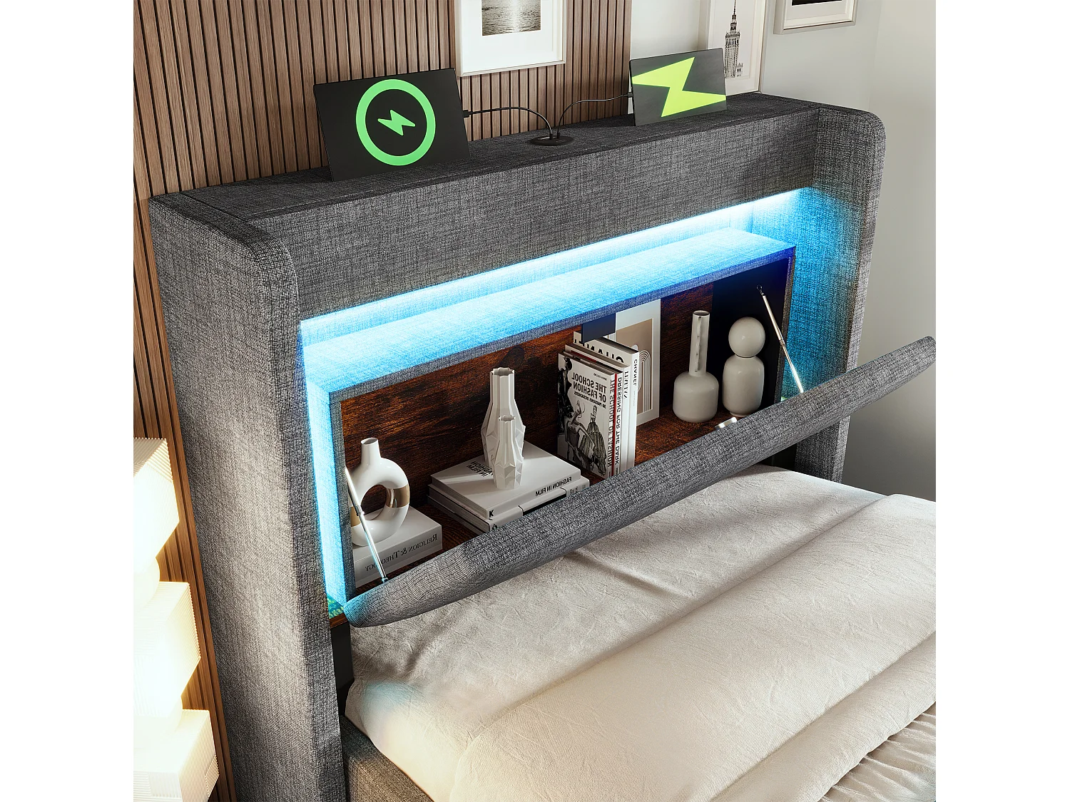 Gepolstertes Bett mit Stauraum 90x200cm - mit LED und USB-Anschluss - mit 1 Schublade - Kopfteil mit Stauraum - Leinen - Grau​ (ohne Matratze)