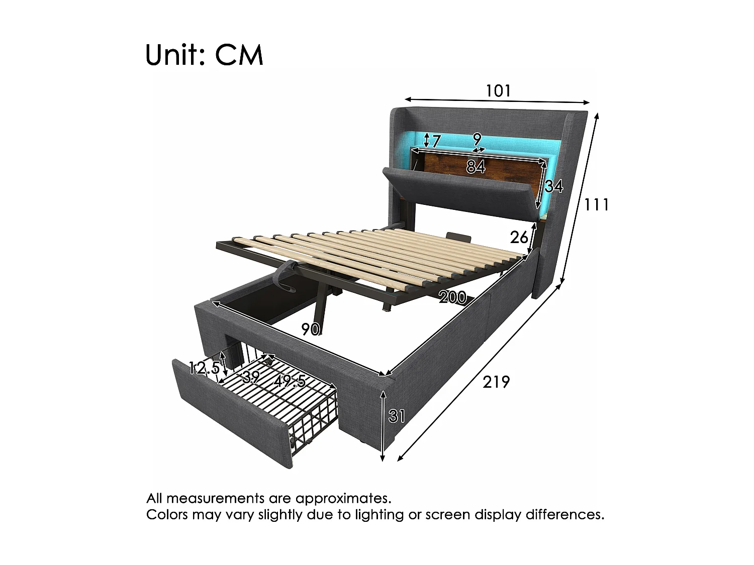 Gepolstertes Bett mit Stauraum 90x200cm - mit LED und USB-Anschluss - mit 1 Schublade - Kopfteil mit Stauraum - Leinen - Grau​ (ohne Matratze)