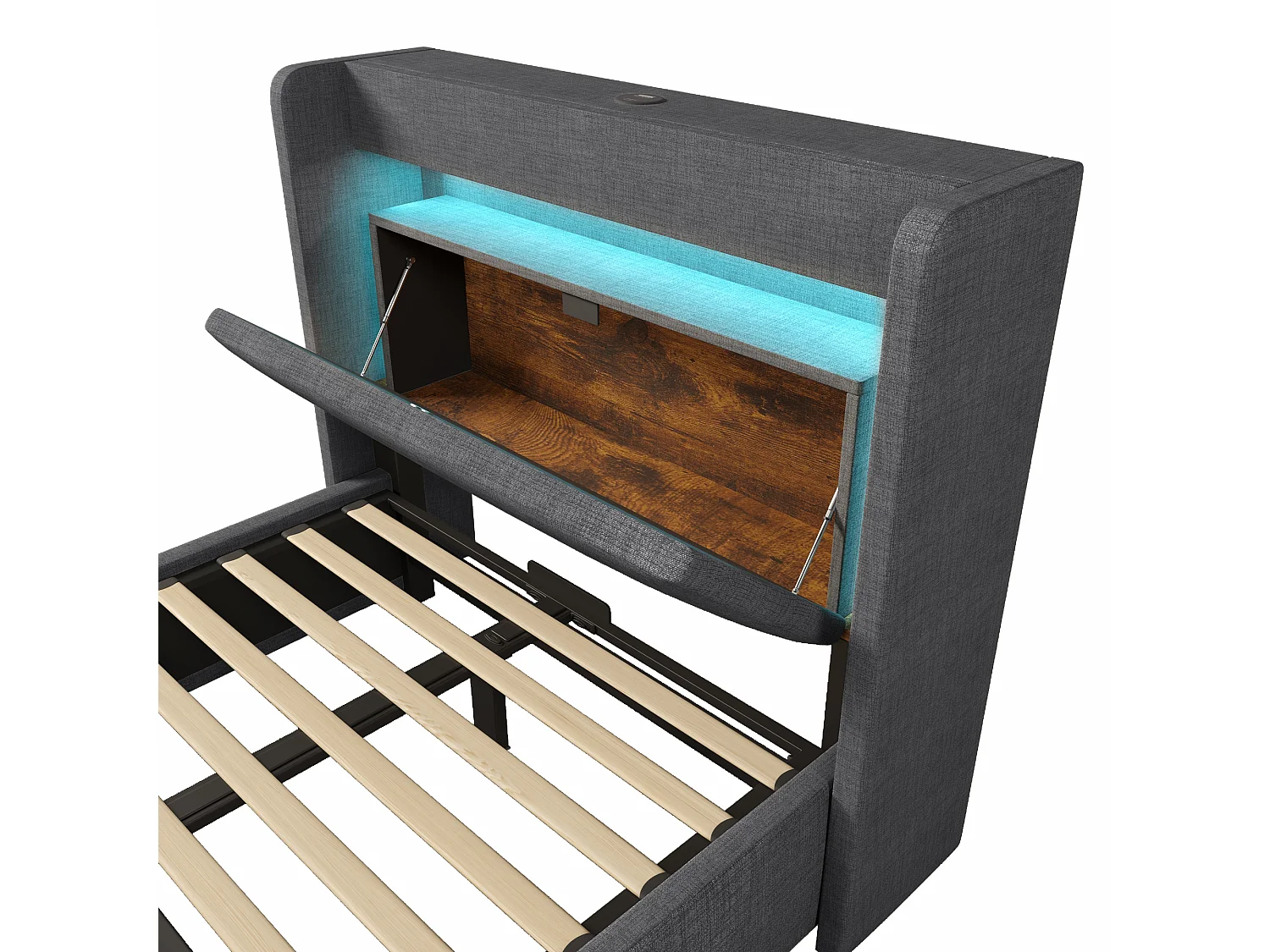 Gepolstertes Bett mit Stauraum 90x200cm - mit LED und USB-Anschluss - mit 1 Schublade - Kopfteil mit Stauraum - Leinen - Grau​ (ohne Matratze)