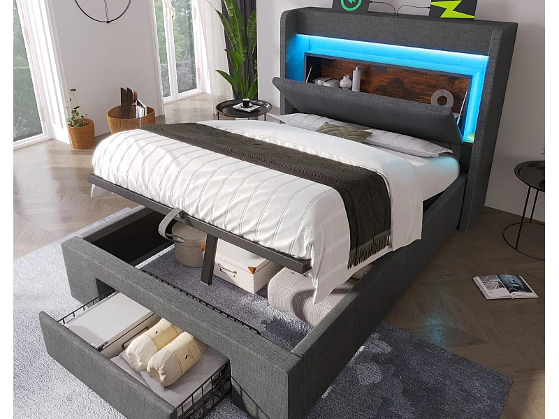 Cama com baú estofada 90x200cm - con LED e interface USB - con 1 gaveta - cabeceira com armazenamento - linho - Cinza​ (sem colchão)