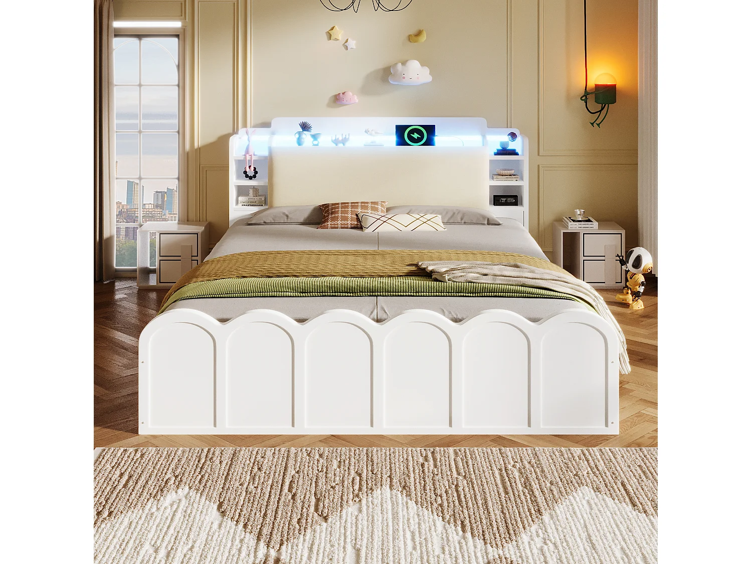 Łóżko z pojemnikiem 140x200 cm - z portem USB Type-C - z oświetleniem LED - wielofunkcyjne miejsce do przechowywania - biały​ (materac nie jest wliczony w cenę)