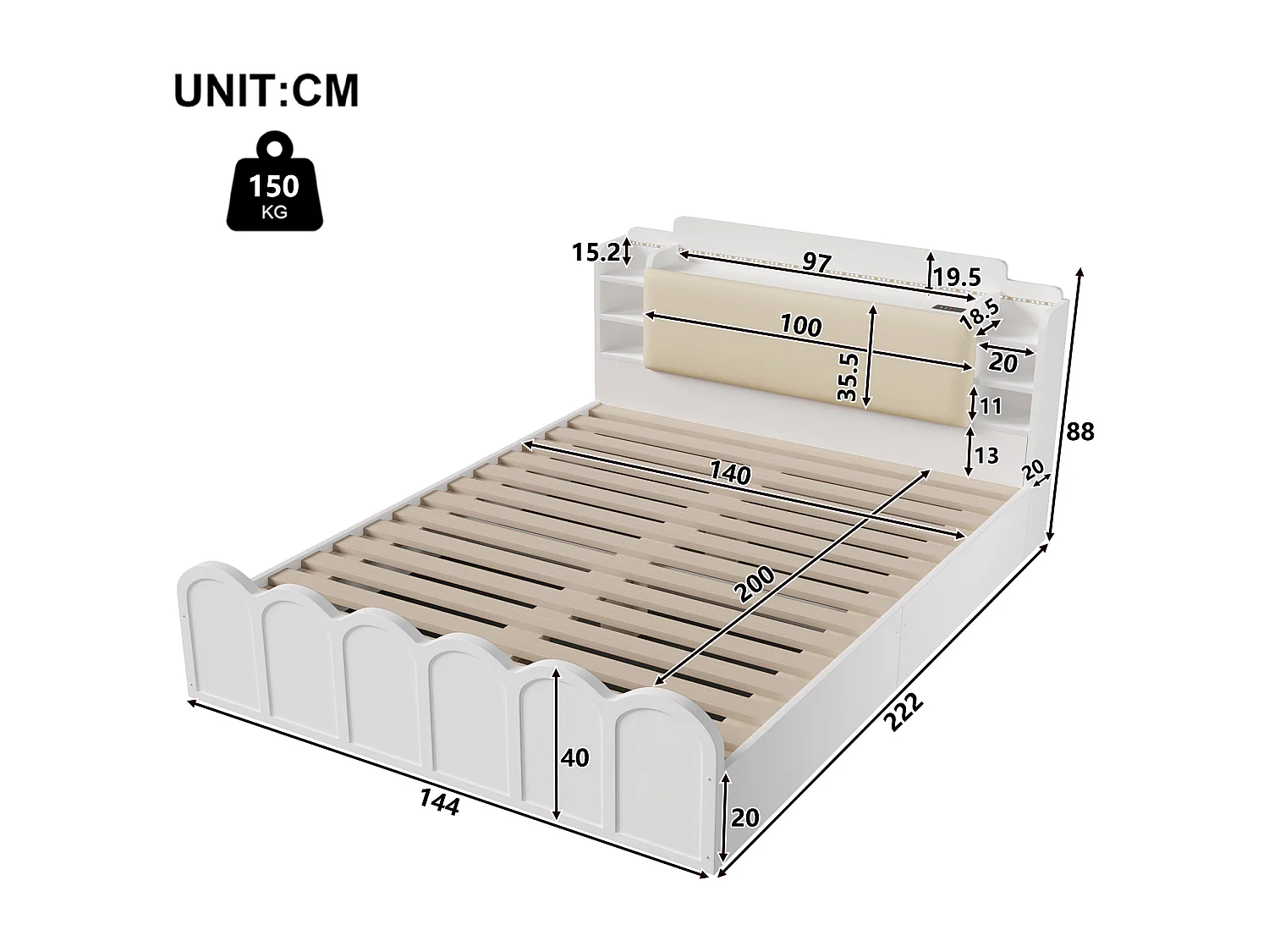 Łóżko z pojemnikiem 140x200 cm - z portem USB Type-C - z oświetleniem LED - wielofunkcyjne miejsce do przechowywania - biały​ (materac nie jest wliczony w cenę)
