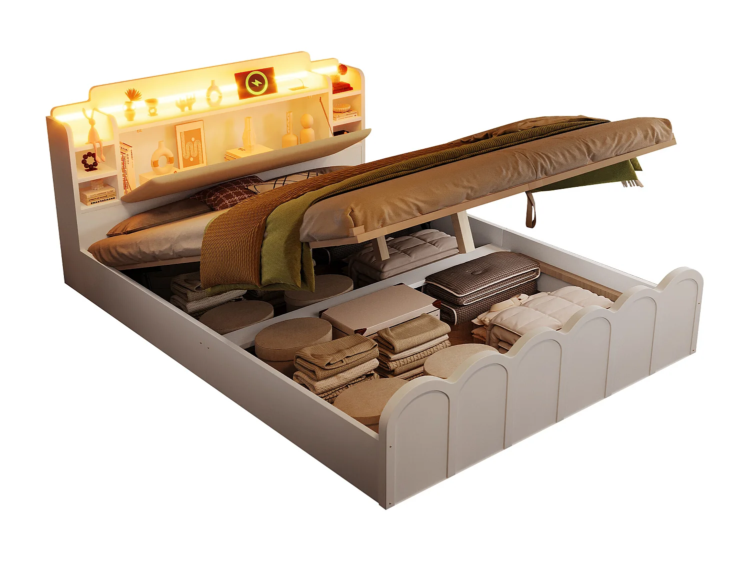 Łóżko z pojemnikiem 140x200 cm - z portem USB Type-C - z oświetleniem LED - wielofunkcyjne miejsce do przechowywania - biały​ (materac nie jest wliczony w cenę)